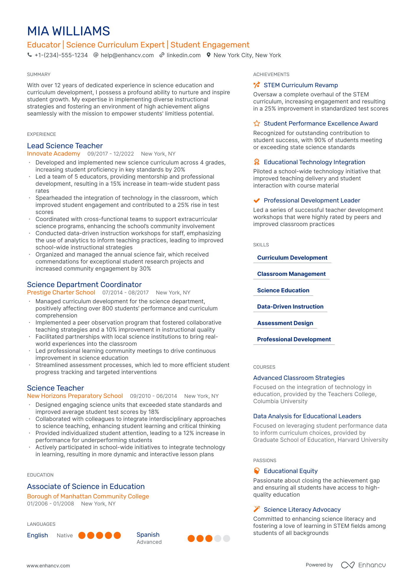 sample resume for high school science teacher