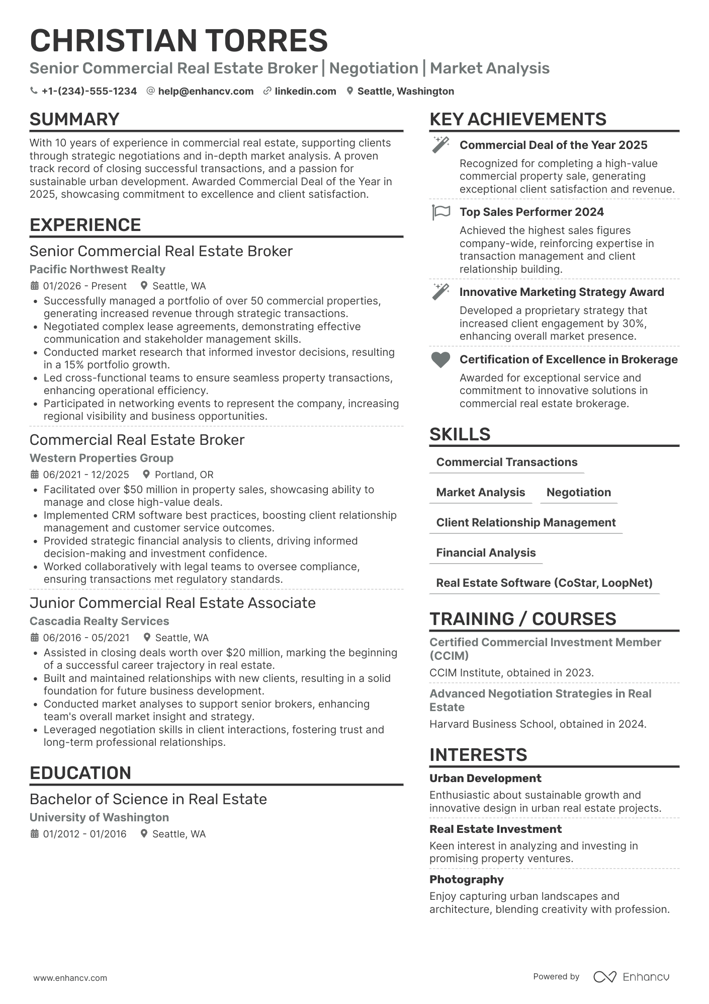 A resume example of a Senior Commercial Real Estate Broker