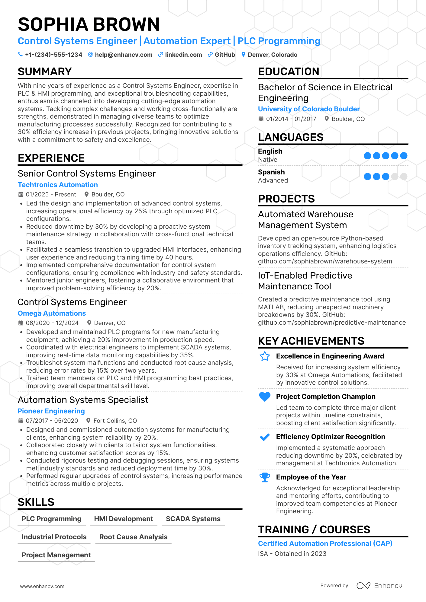 A resume example of a Control Systems Engineer