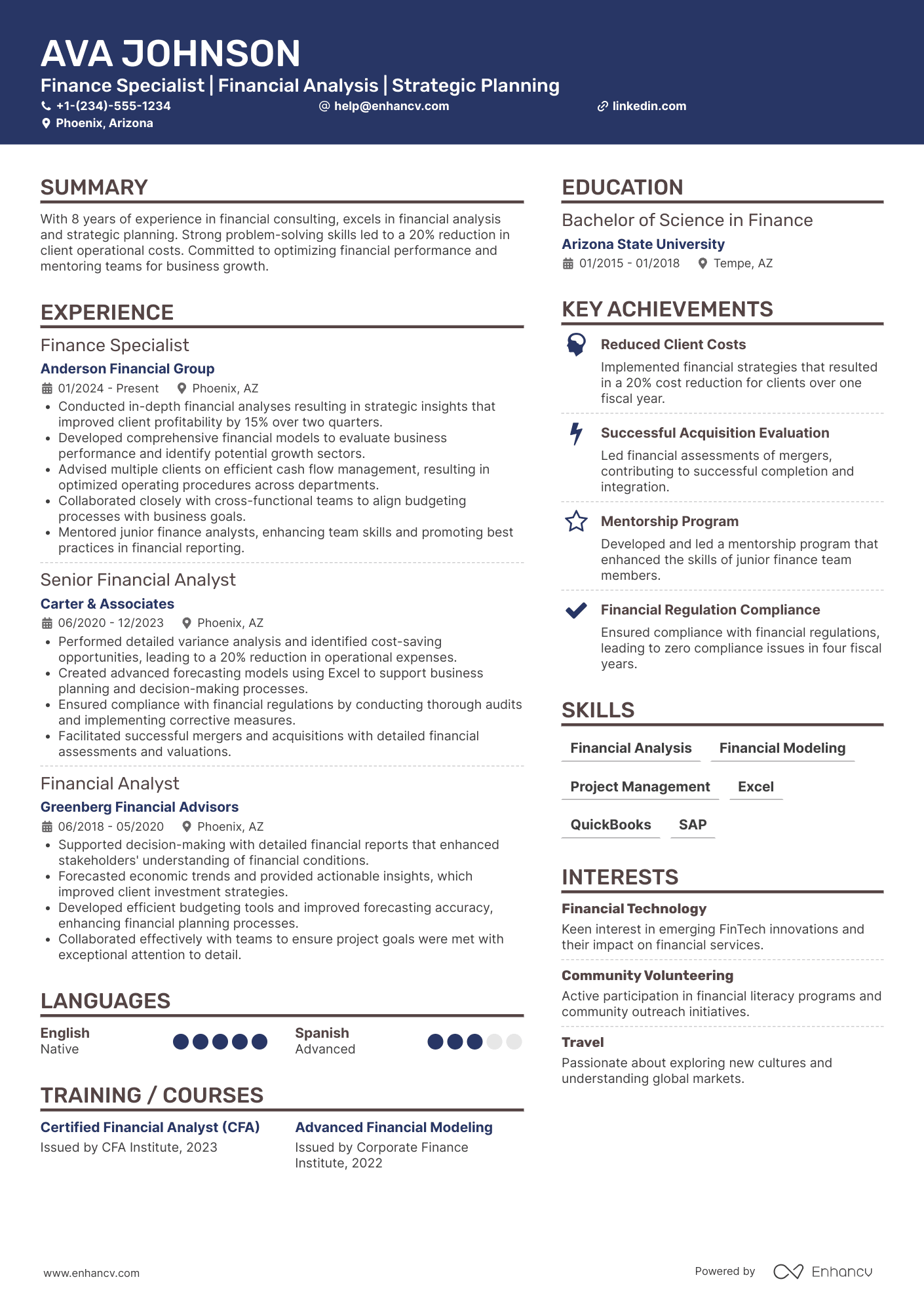 A resume example of a Finance Specialist Consultant