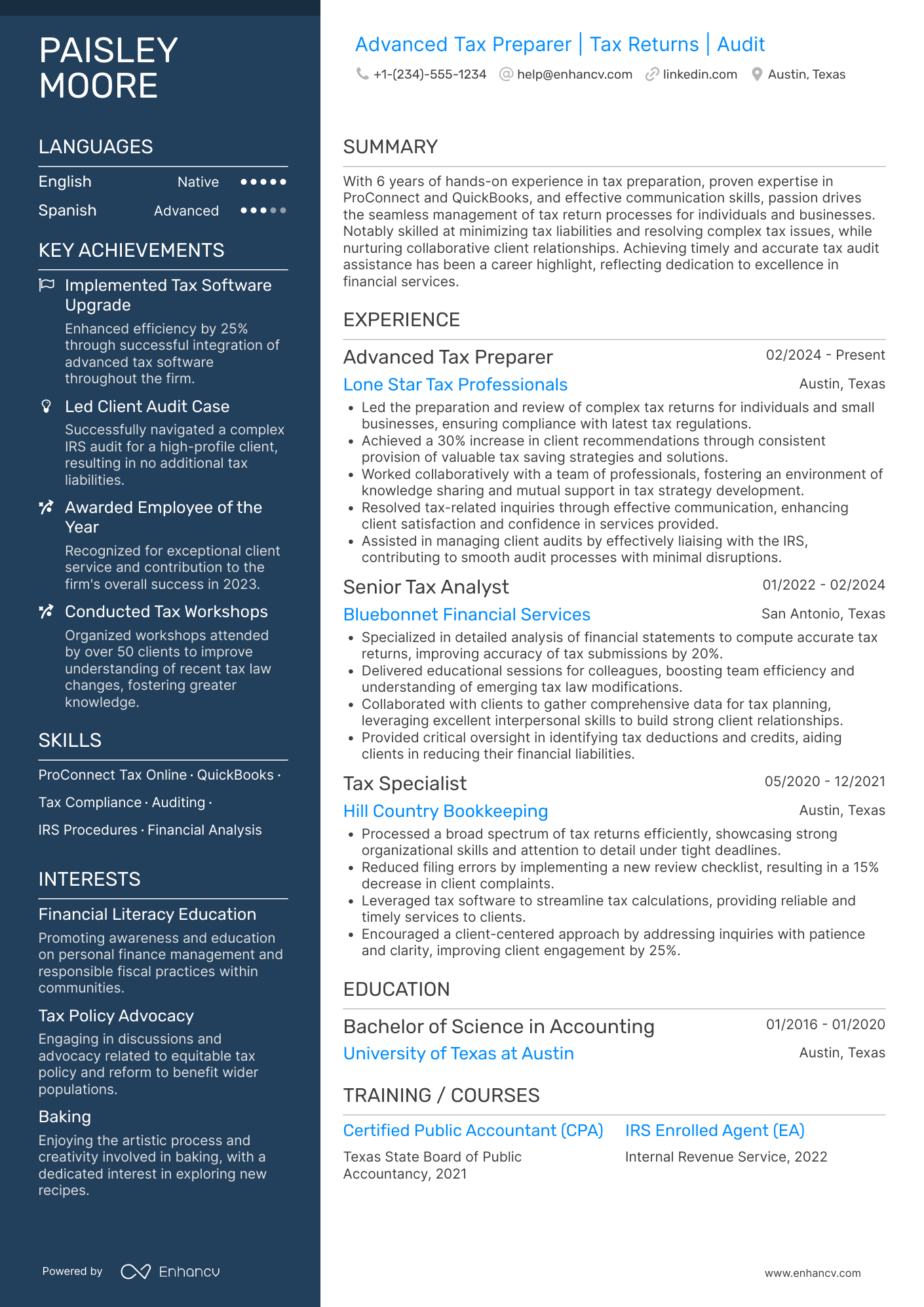 A resume example of a Advanced Tax Preparer