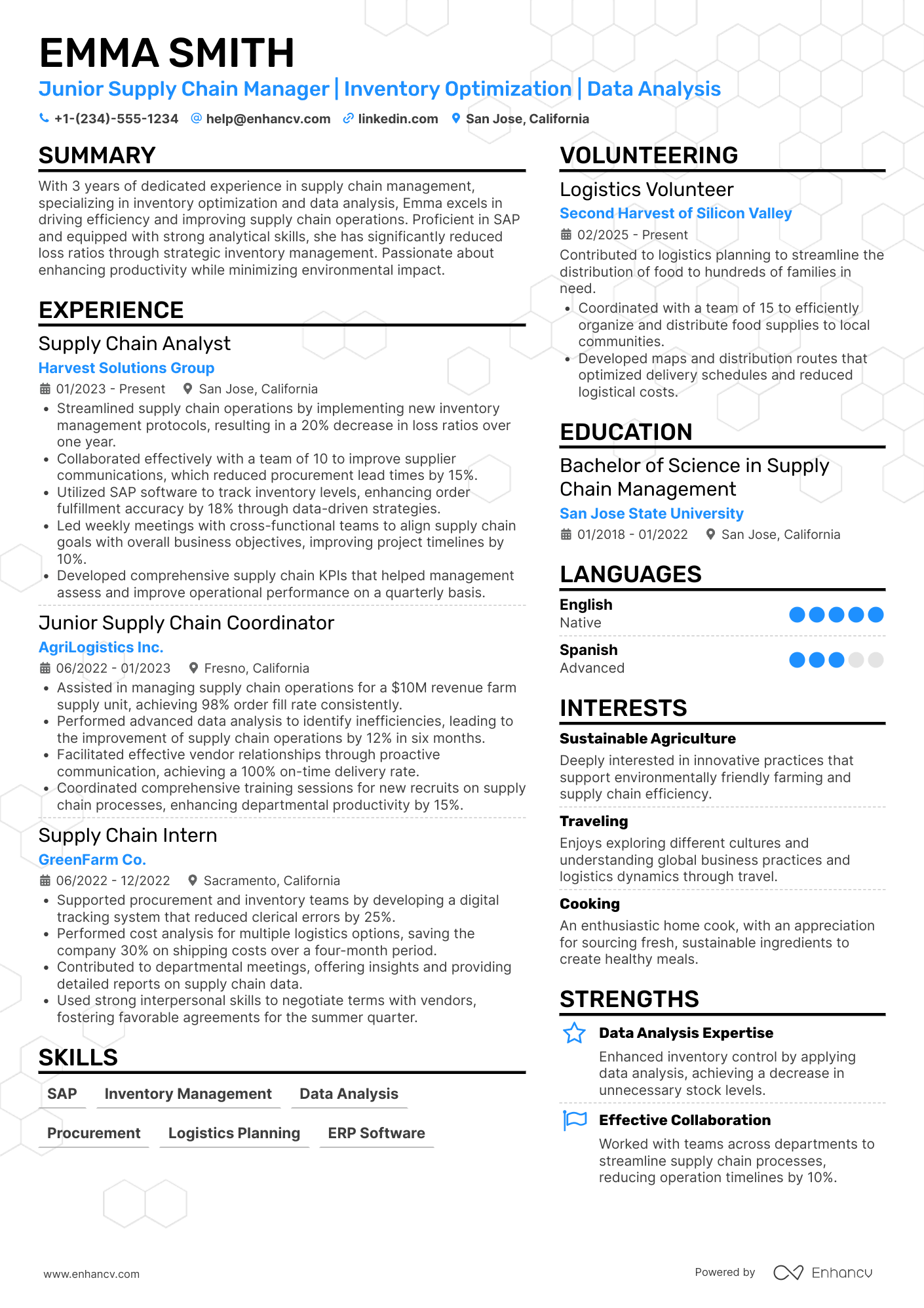 A resume example of a Junior Supply Chain Manager