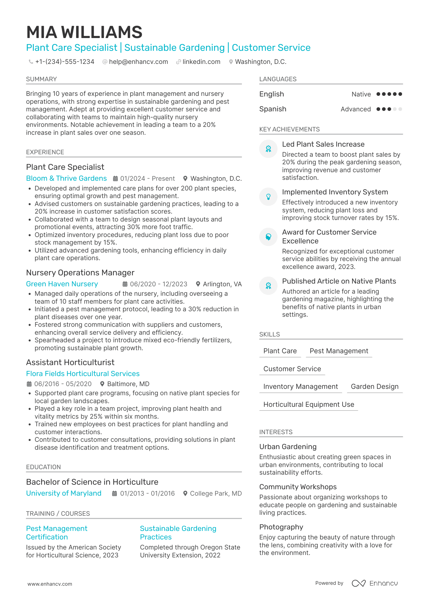 A resume example of a Nursery Worker