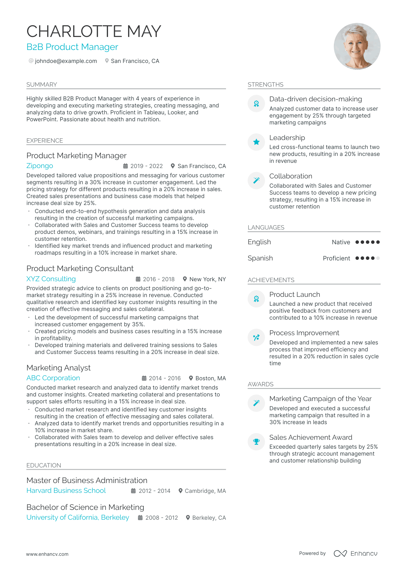 A resume example of a B2B Product Manager