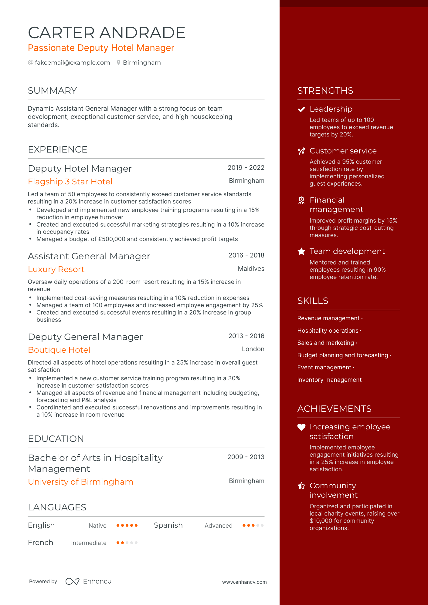 One Page Hotel General Manager Resume Template