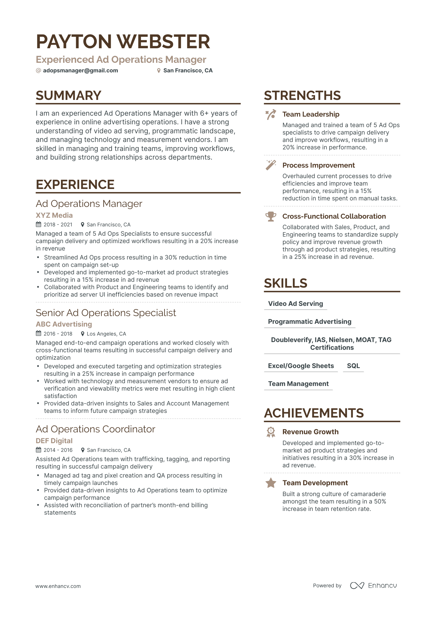 Simple Ad Operations Manager Resume Template
