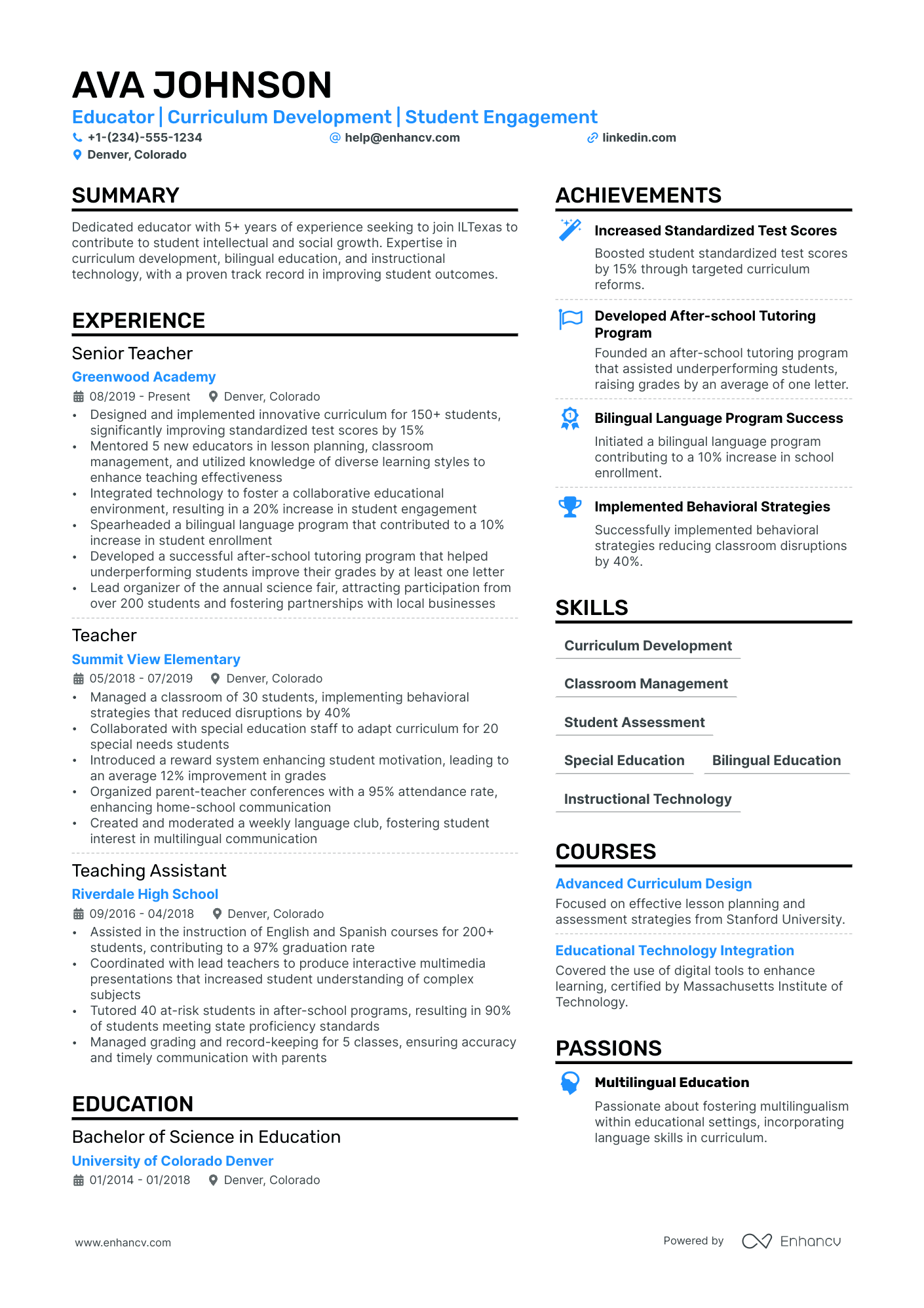 sample resume for teacher post