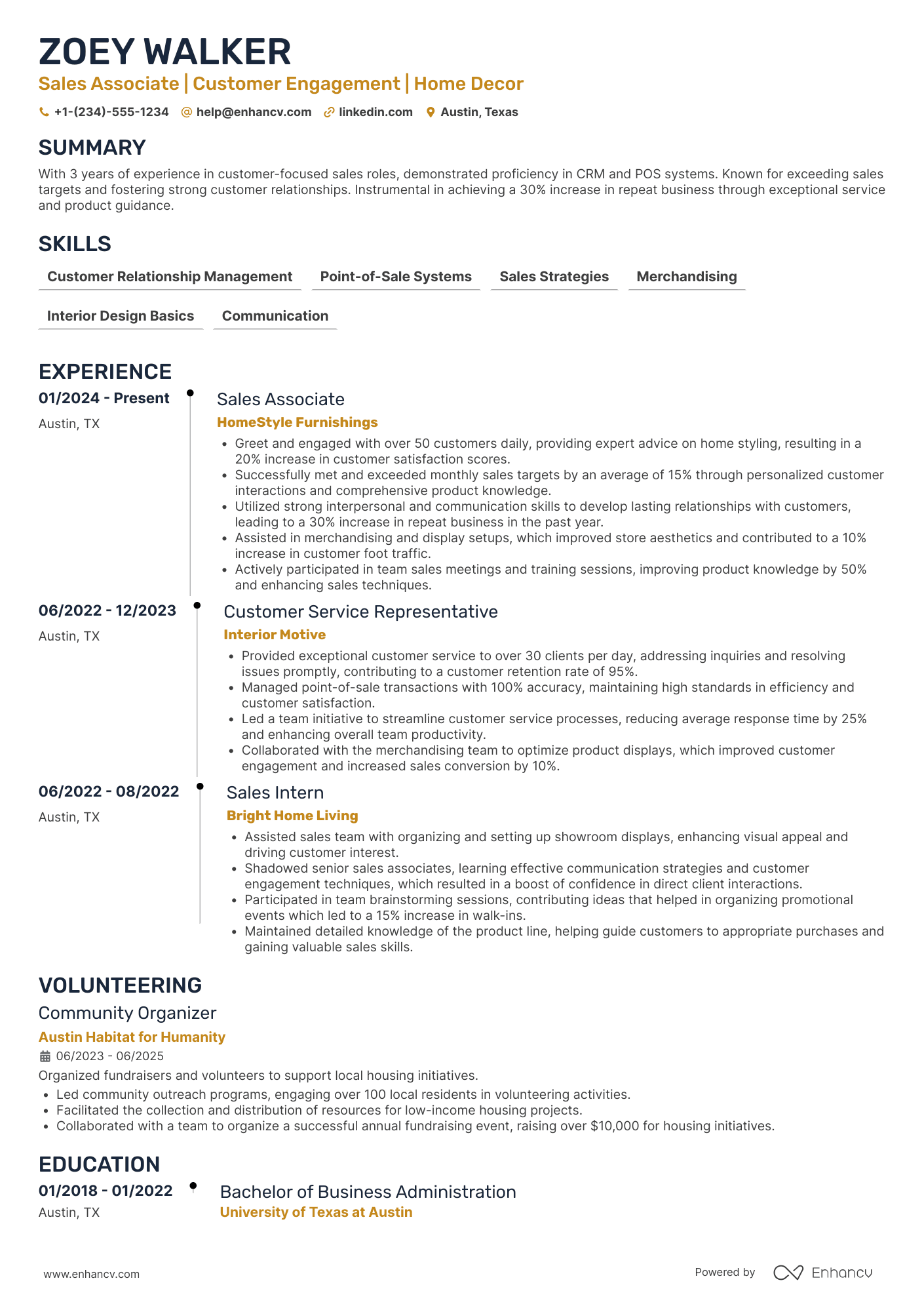 A resume example of a B2C Sales Associate