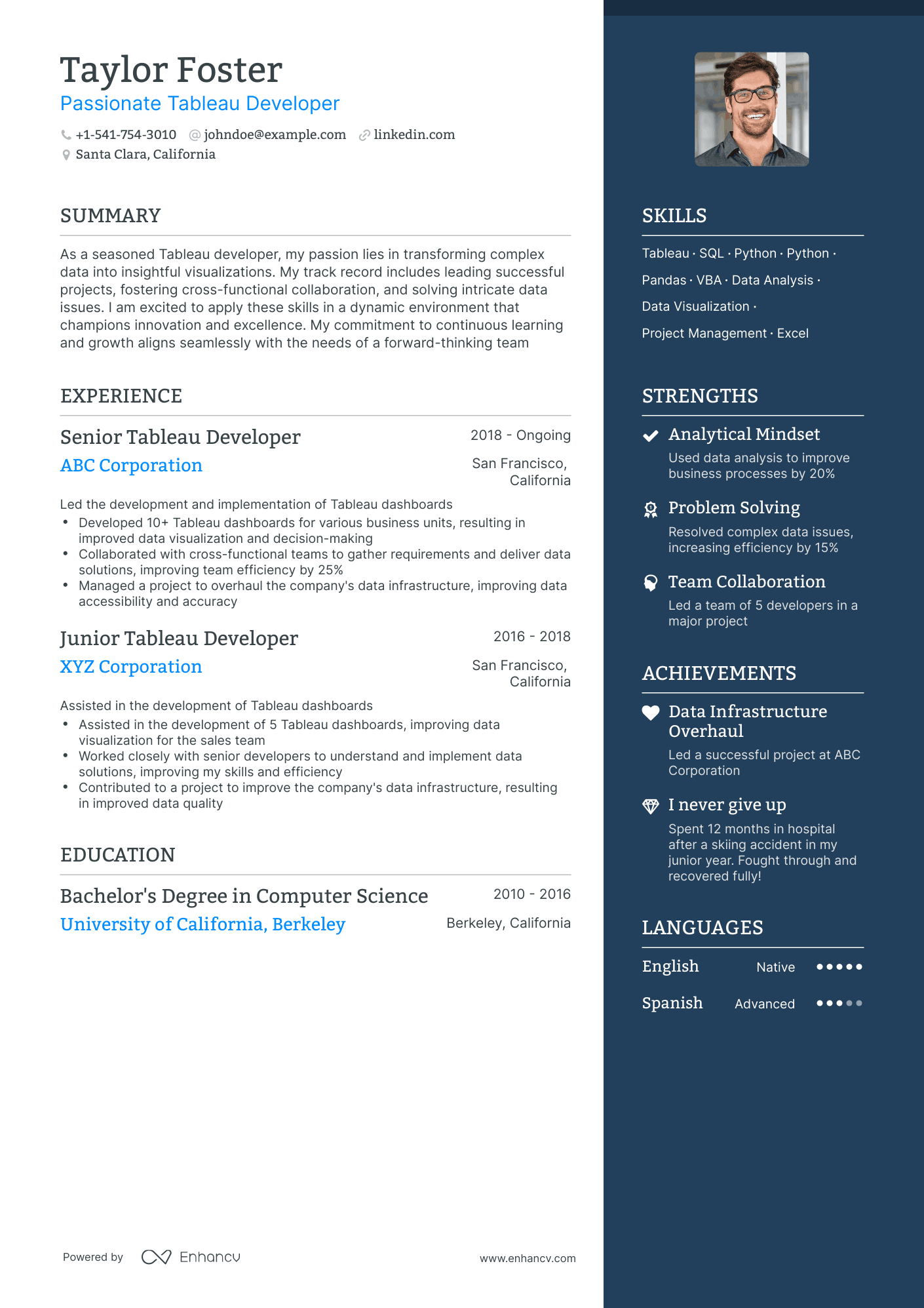 One Page Tableau Developer Resume Template