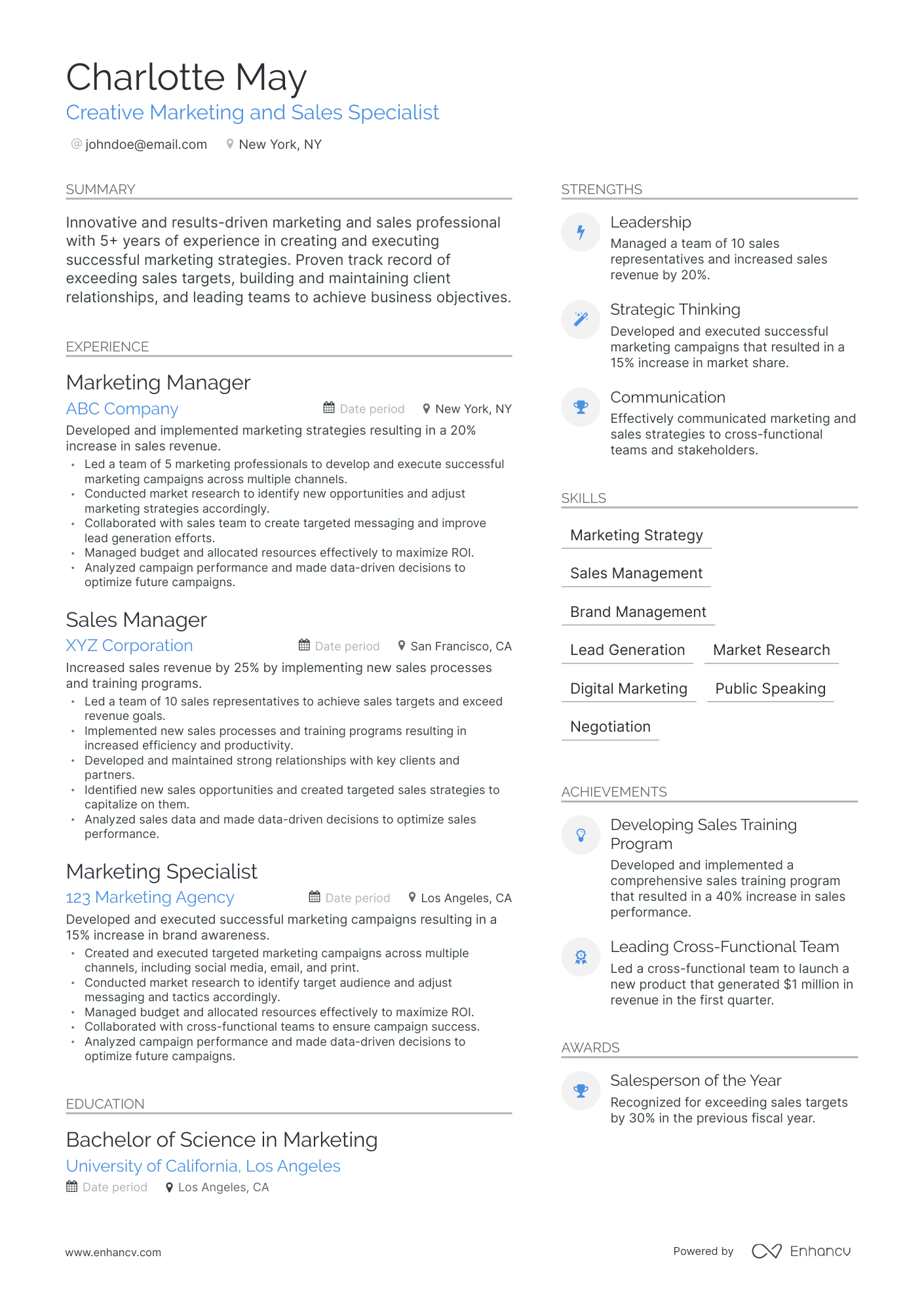 Modern Marketing And Sales Resume Template