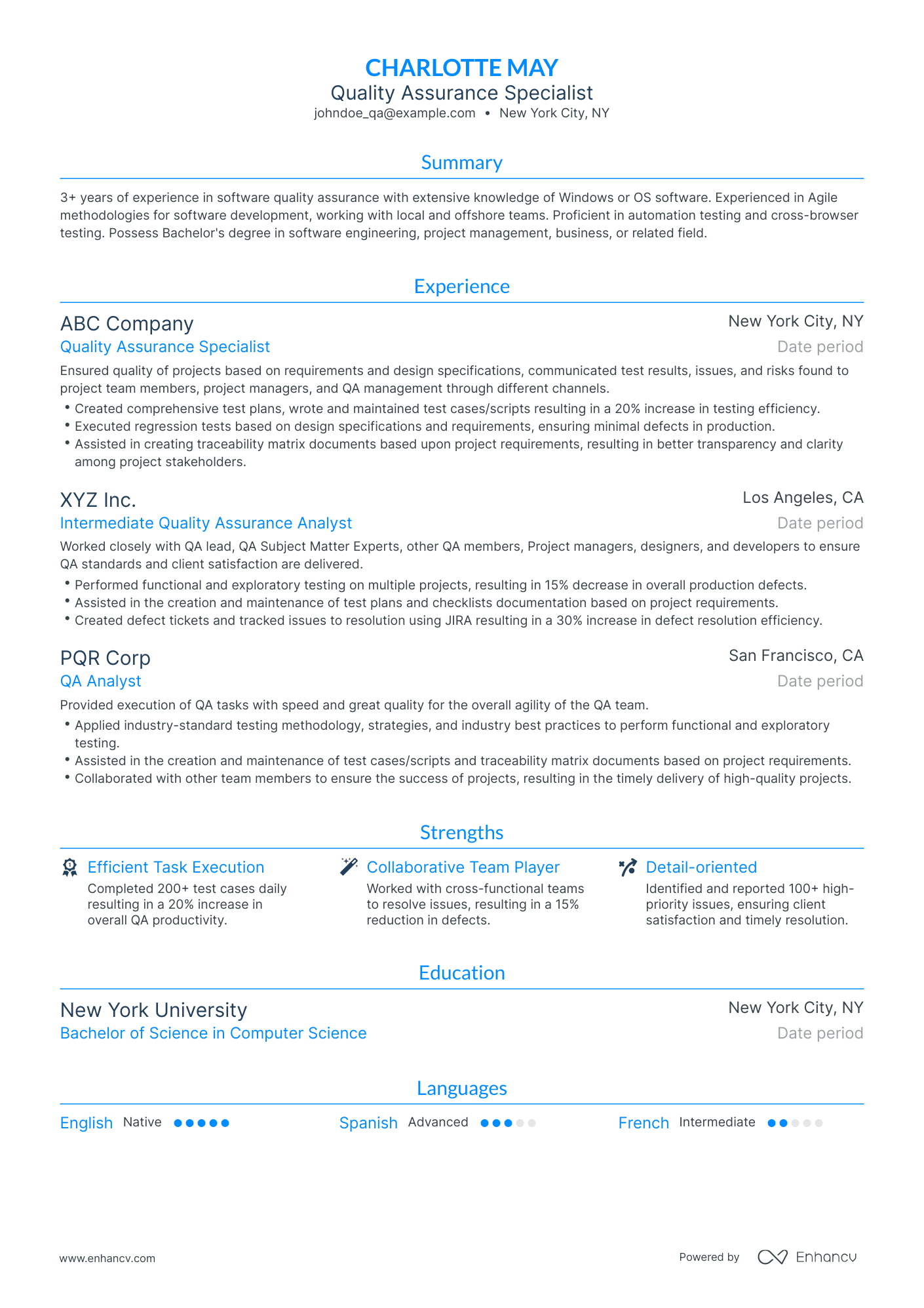Traditional Quality Assurance Specialist Resume Template