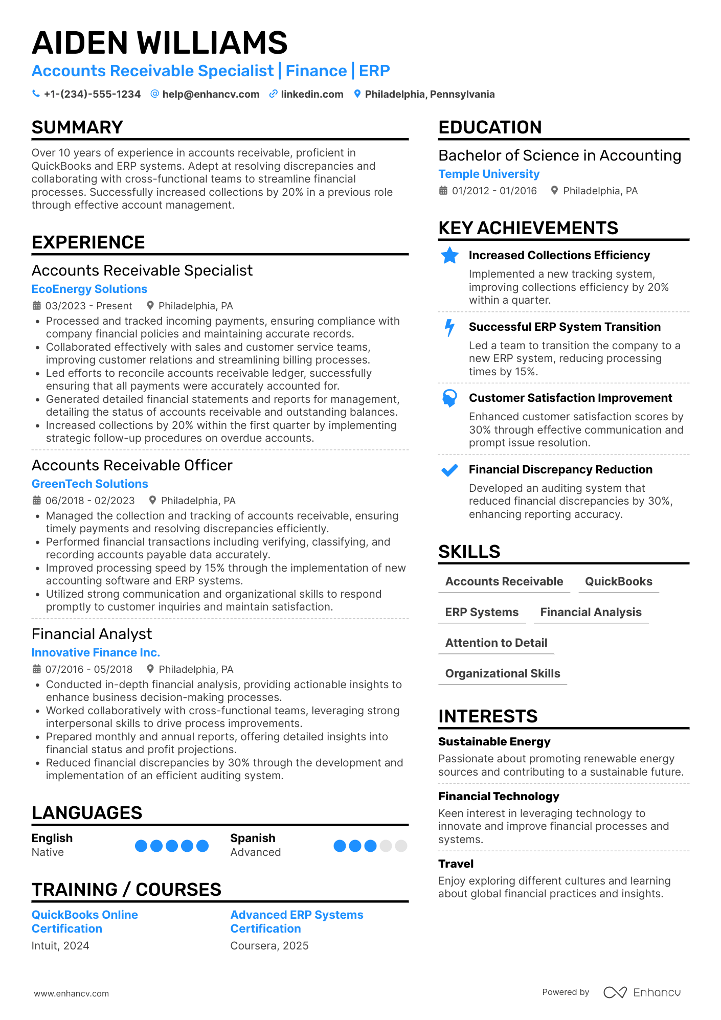 A resume example of a Accounts Receivable Officer
