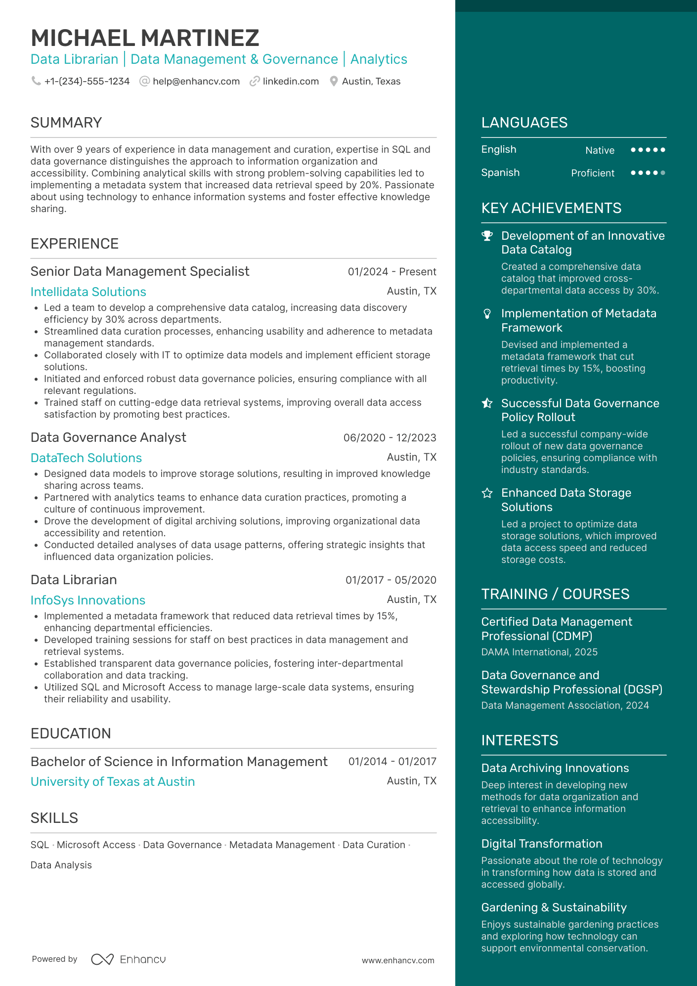 A resume example of a Data Librarian