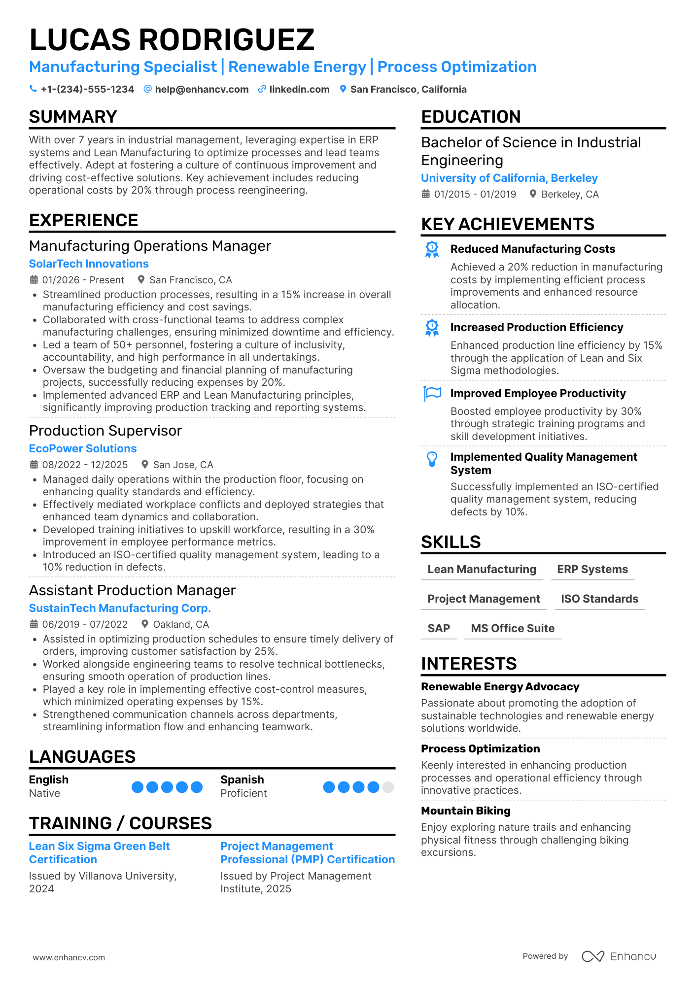 A resume example of a Assistant Factory Manager