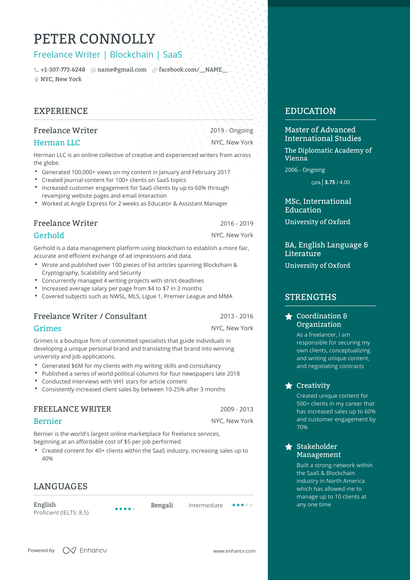 One Page Freelance Writer Resume Template