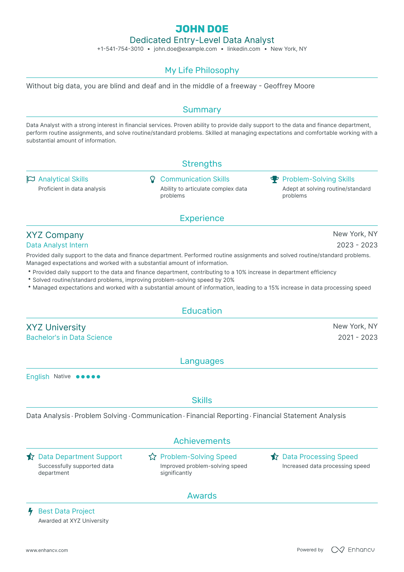 Traditional Data Analyst Entry Level Resume Template