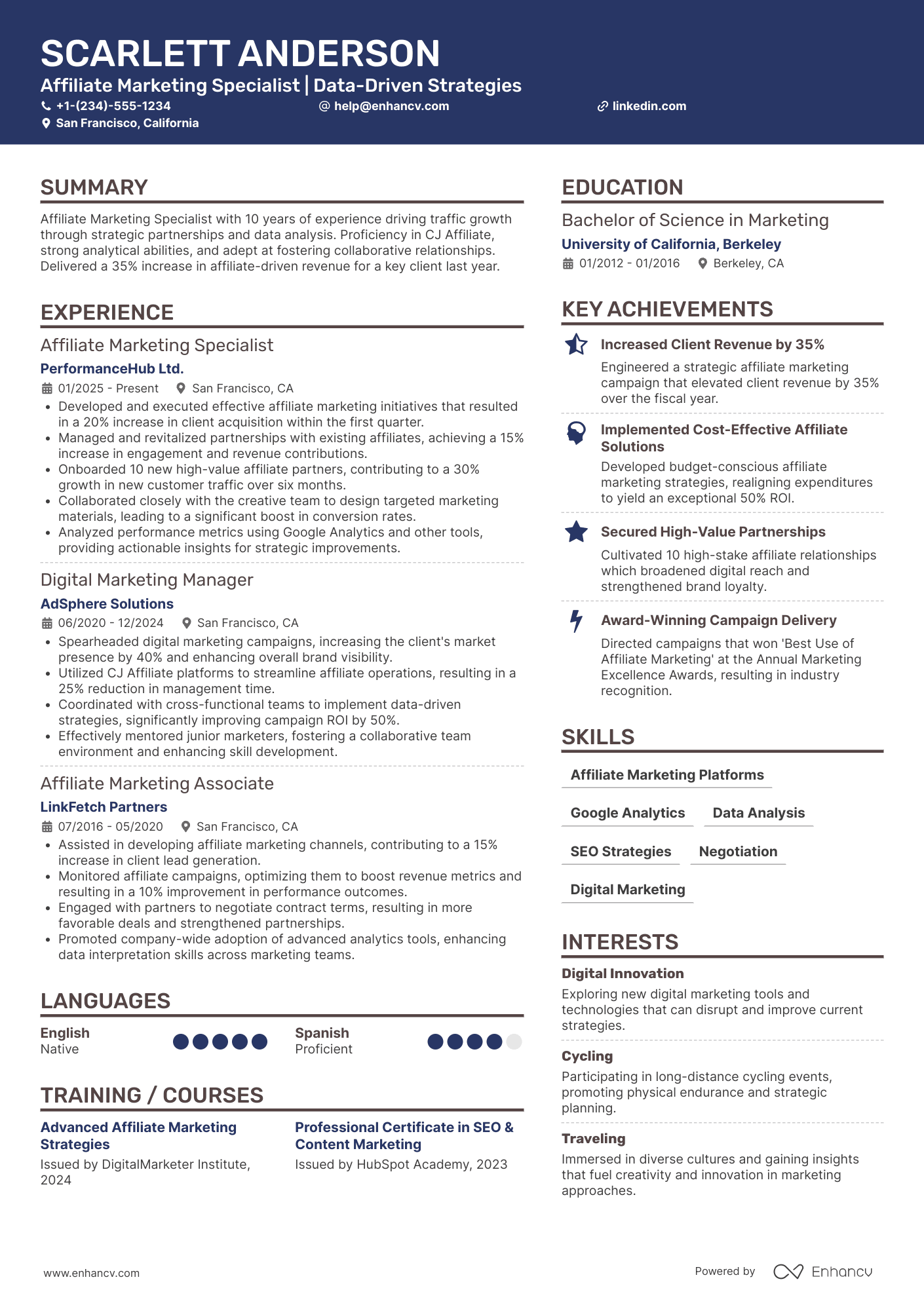 A resume example of a Affiliate Marketing