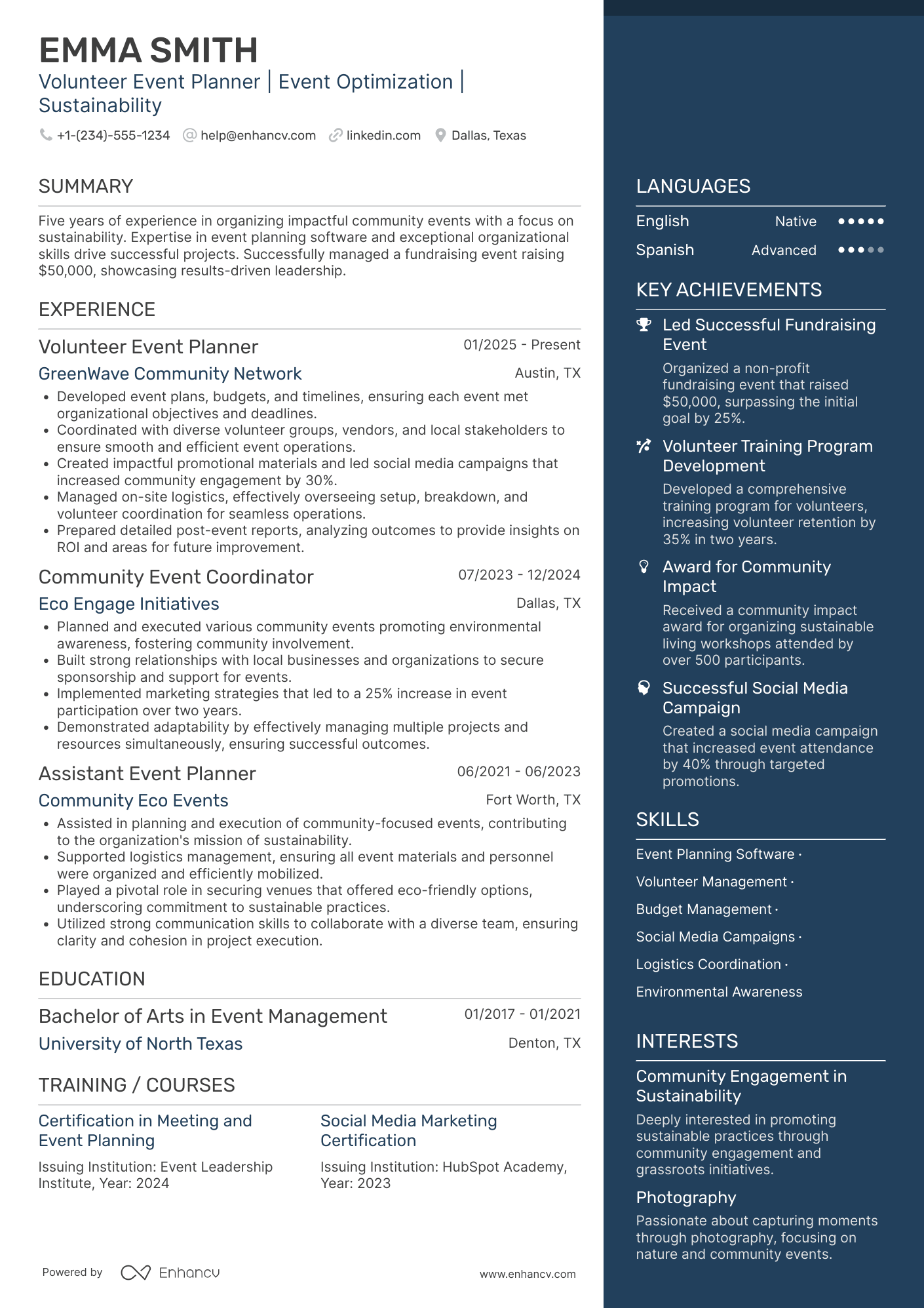 A resume example of a Volunteer Event Planner