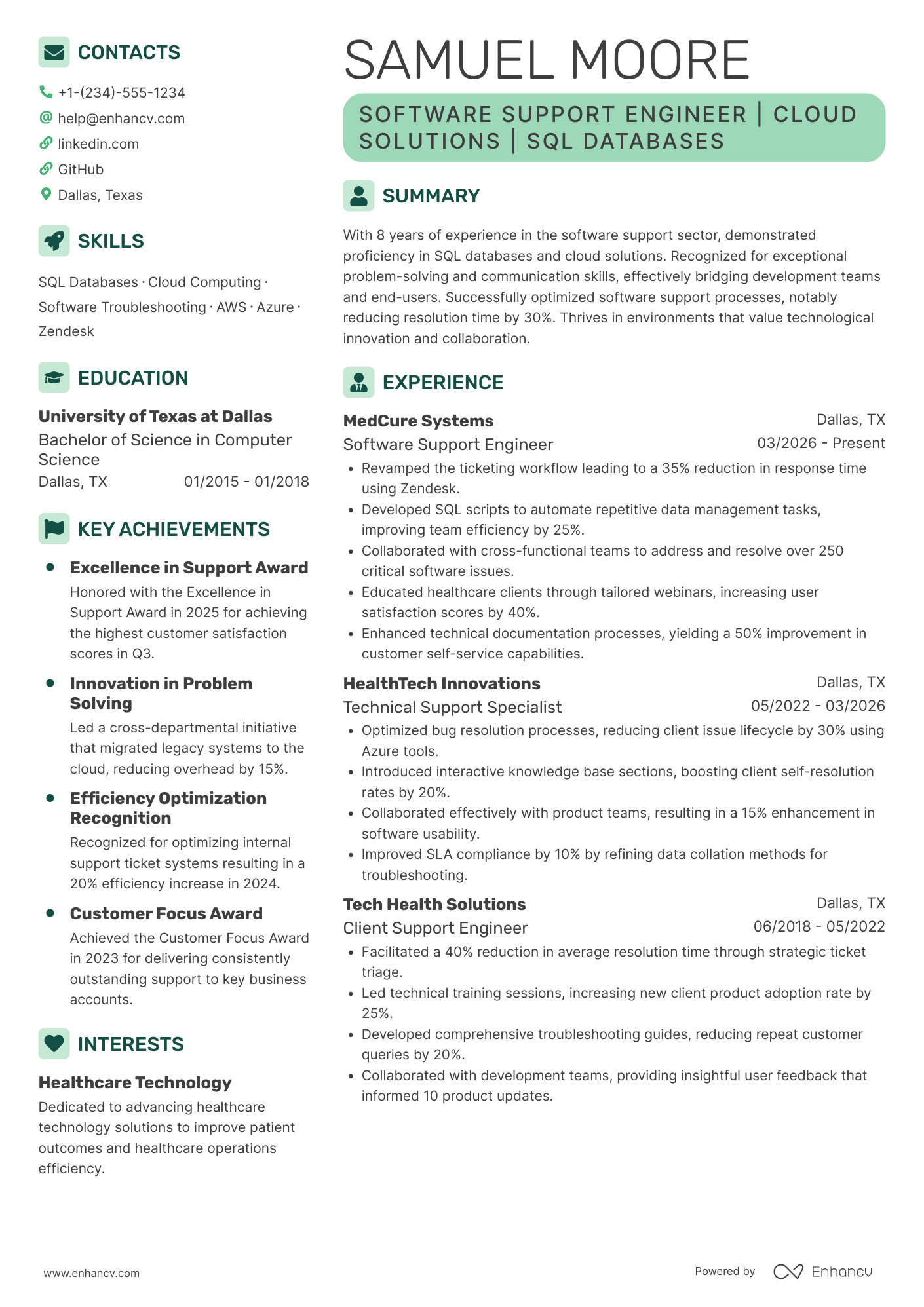 A resume example of a Software Support Engineer