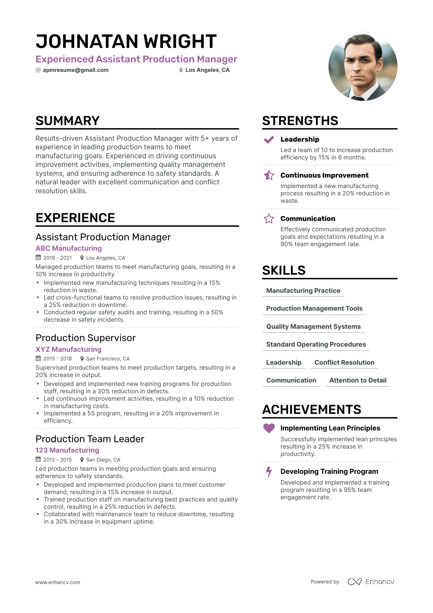 Simple Assistant Production Manager Resume Template