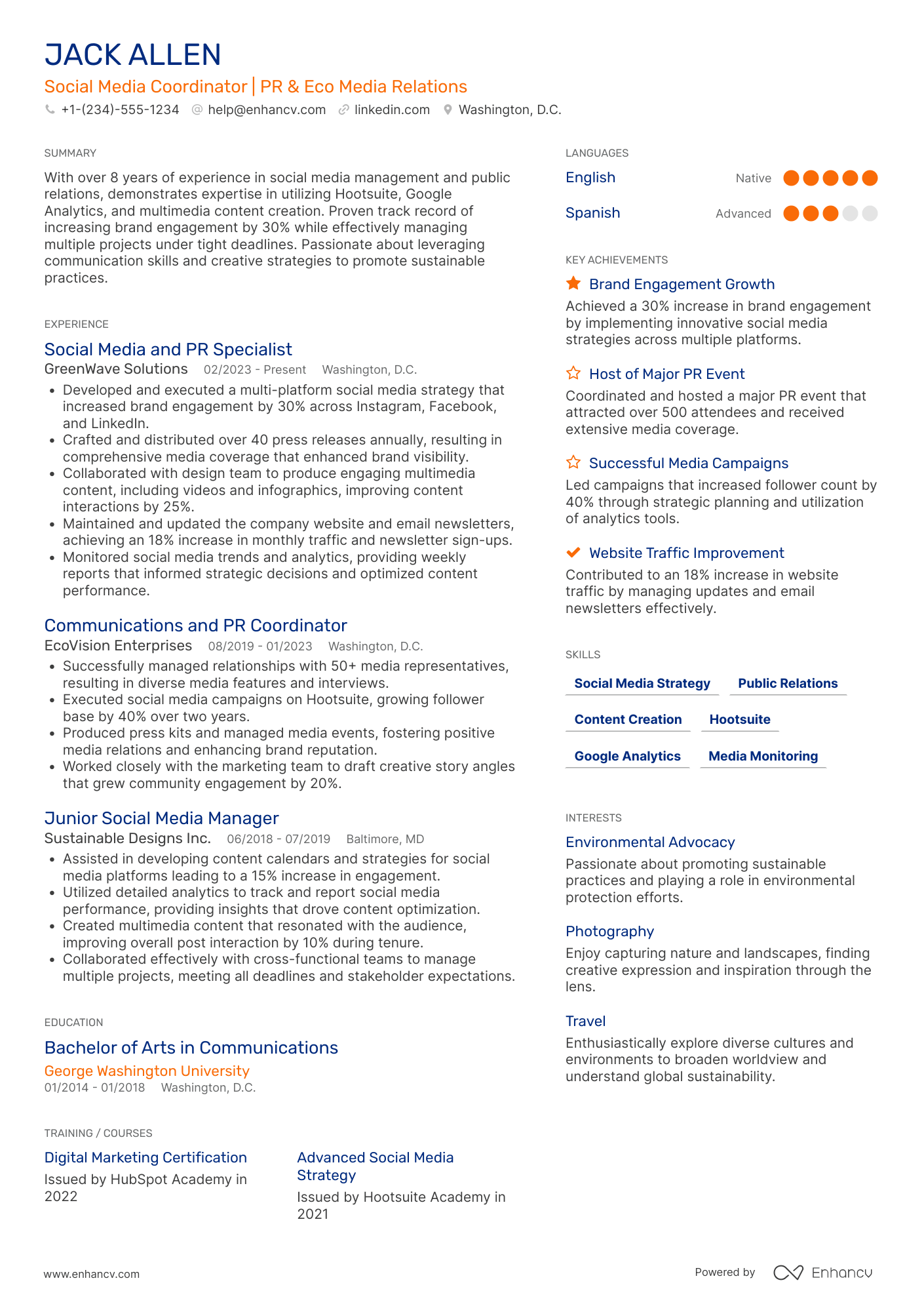 A resume example of a Social Media and PR Coordinator