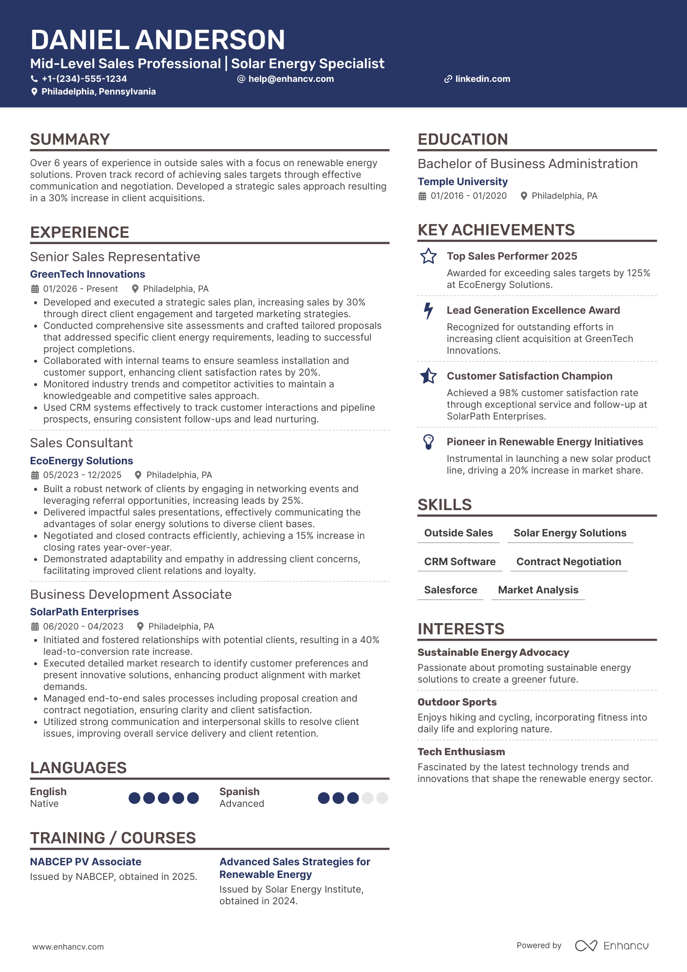 A resume example of a Mid Level Outside Sales Agent