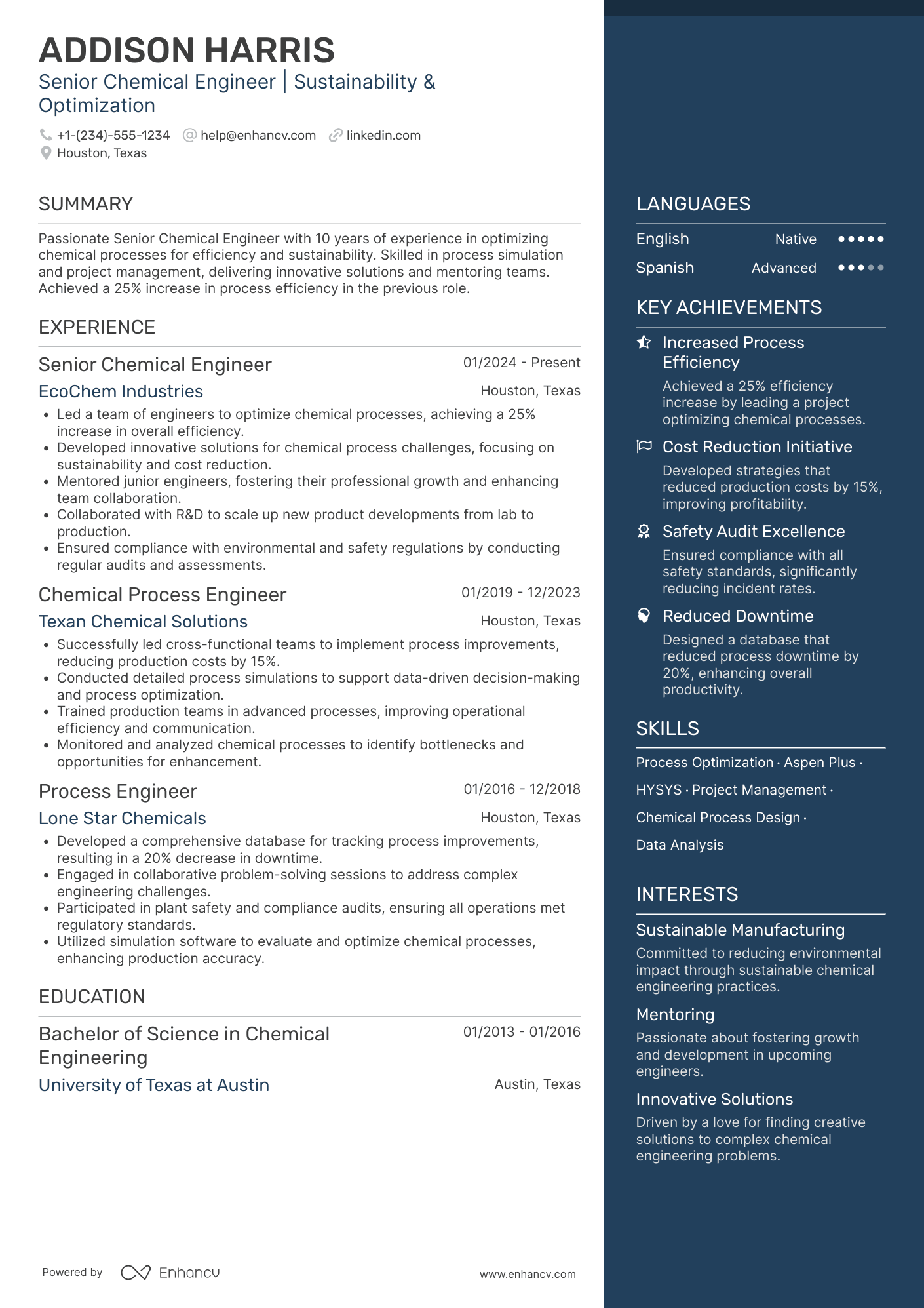 A resume example of a Senior Chemical Engineer
