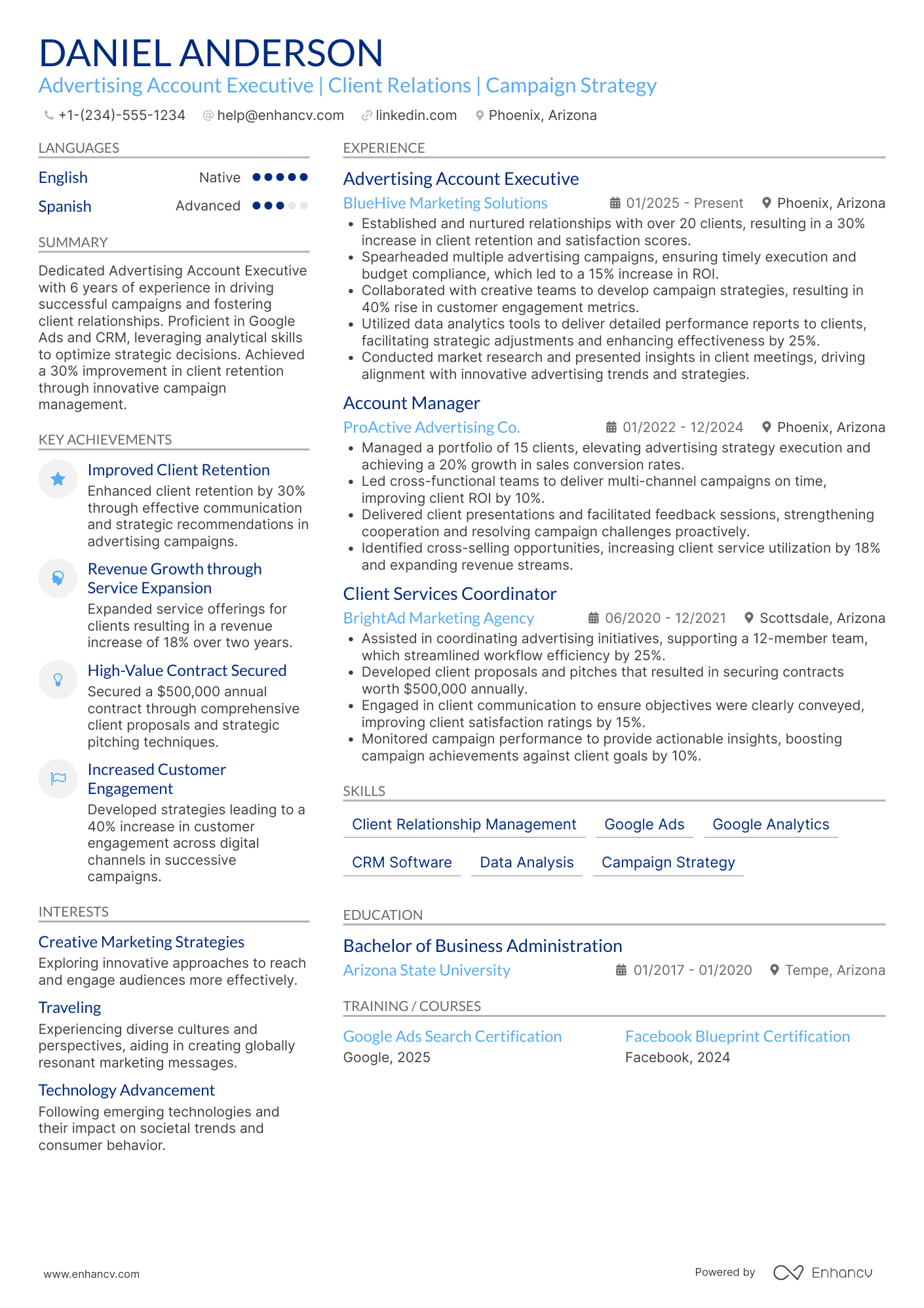 A resume example of a Advertising Account Executive