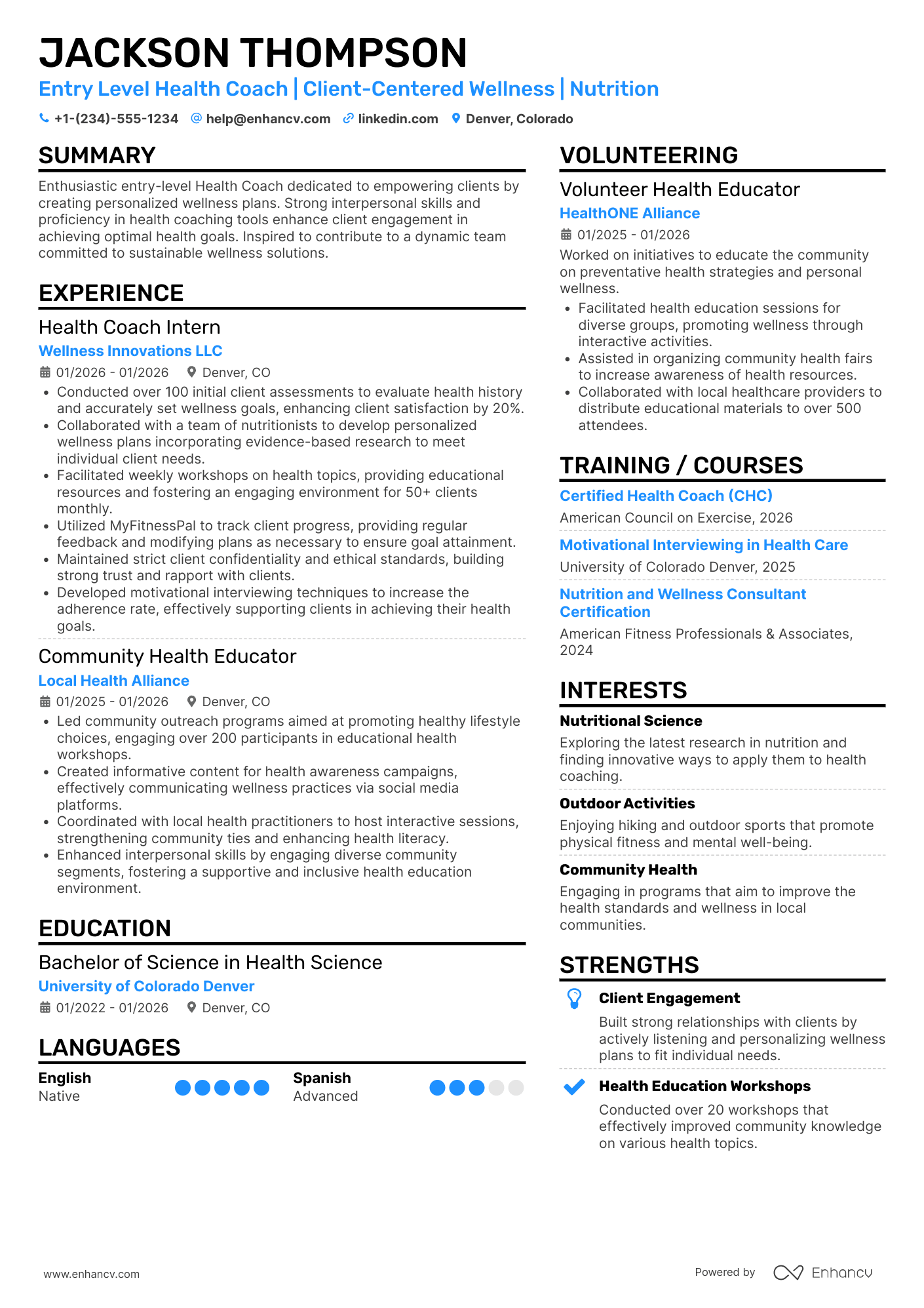 A resume example of a Entry Level Health Coach