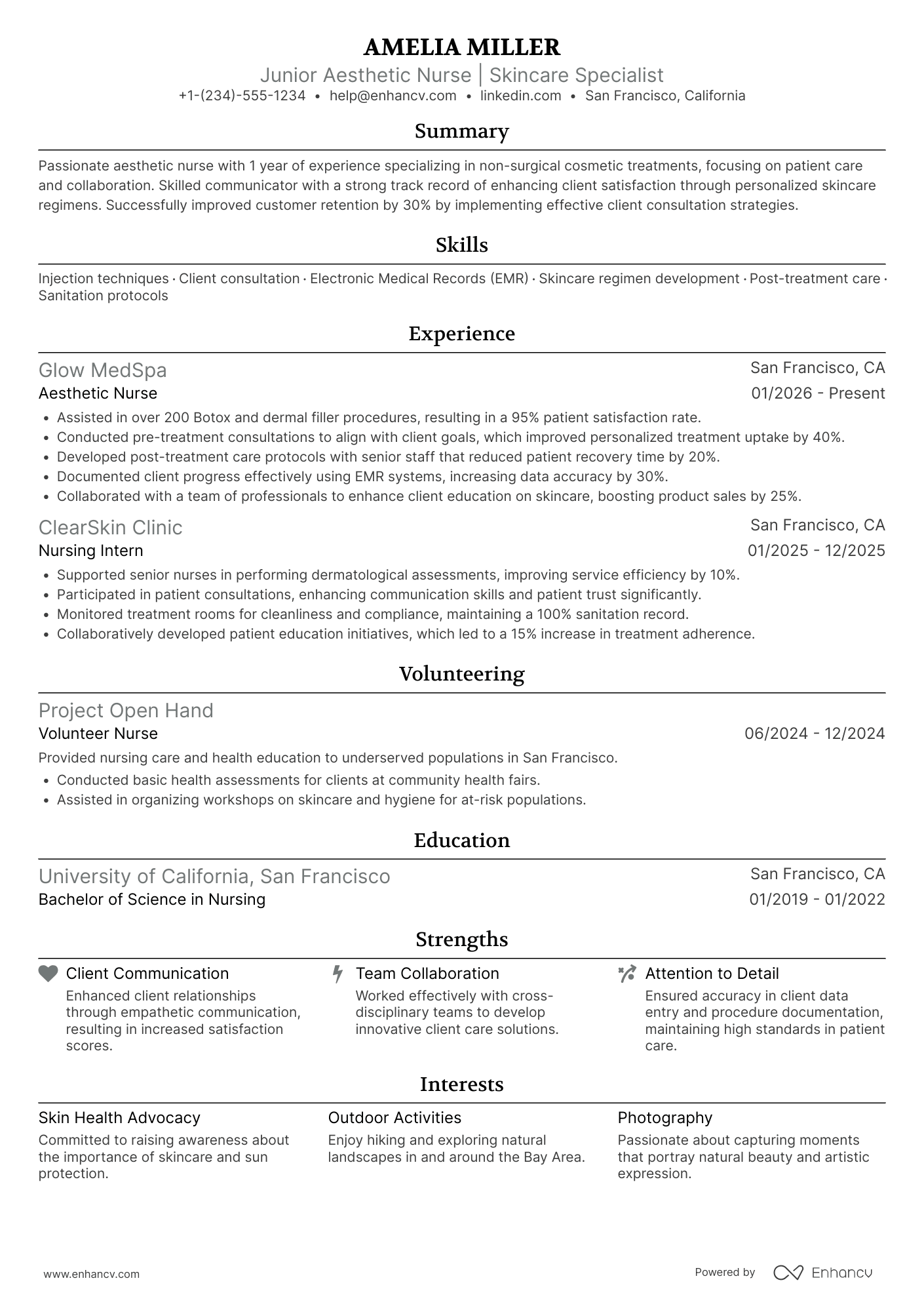 A resume example of a Junior Aesthetic Nurse