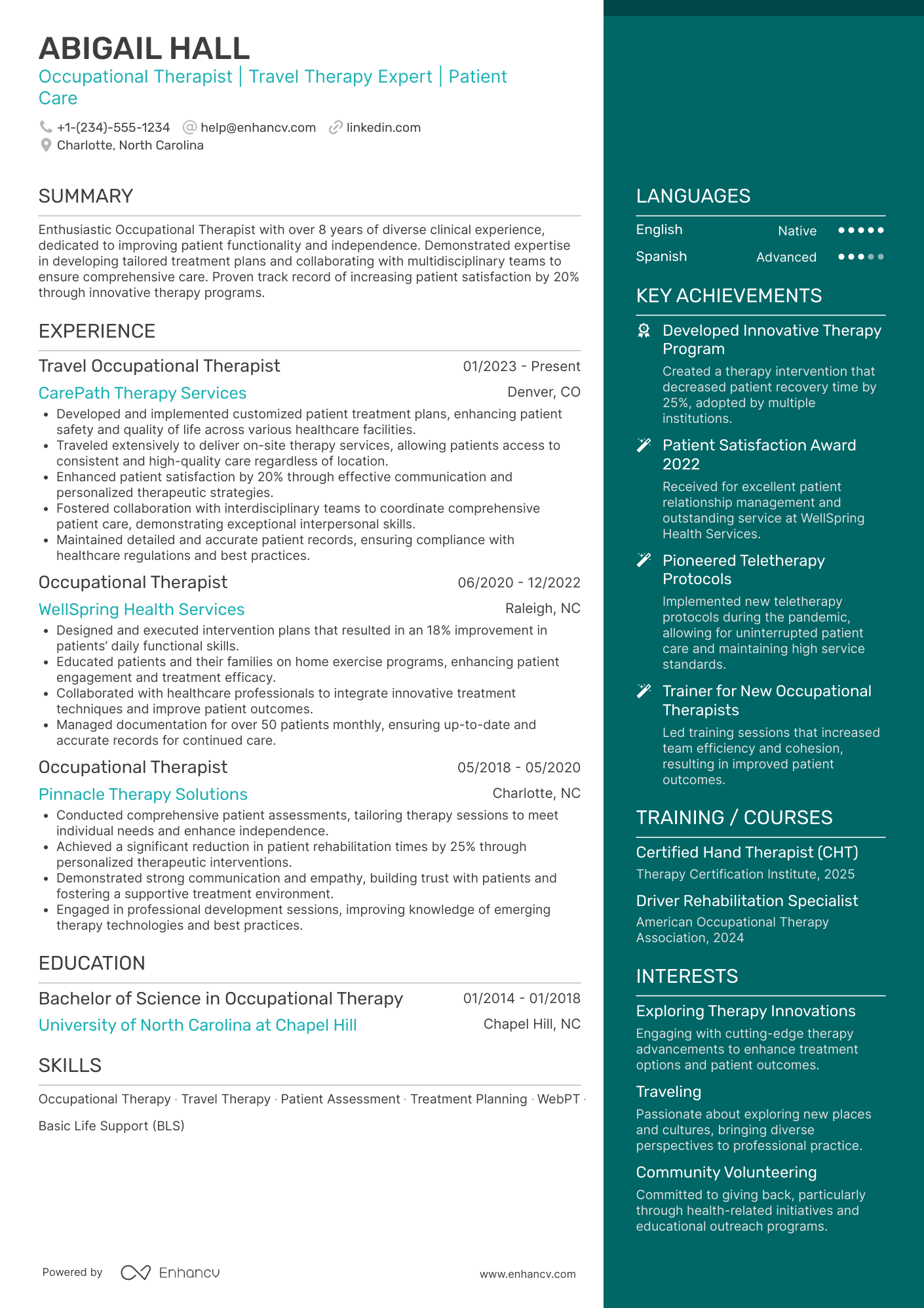 A resume example of a Travel Occupational Therapist