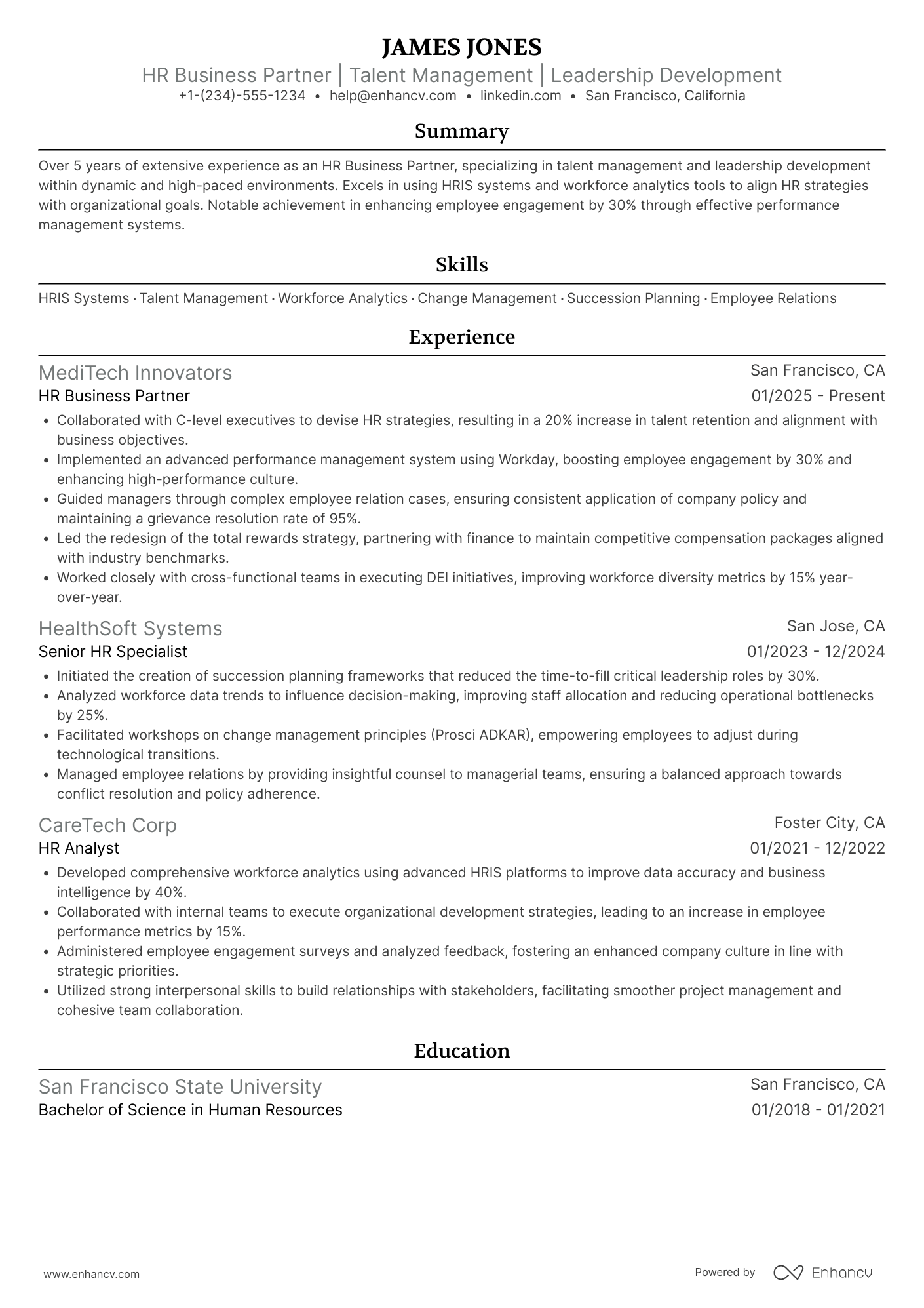 A resume example of a Principal HR Business Partner