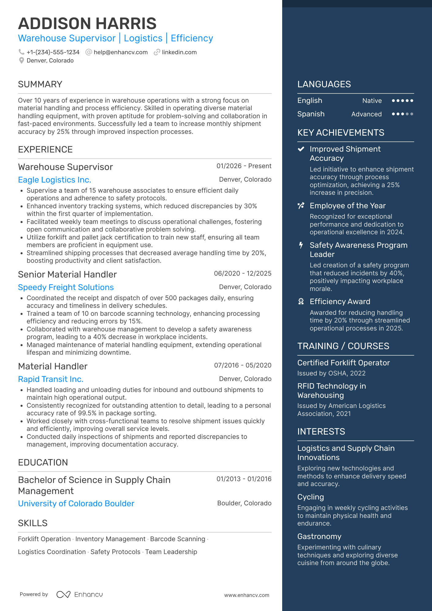 A resume example of a FedEx Express Material Handler