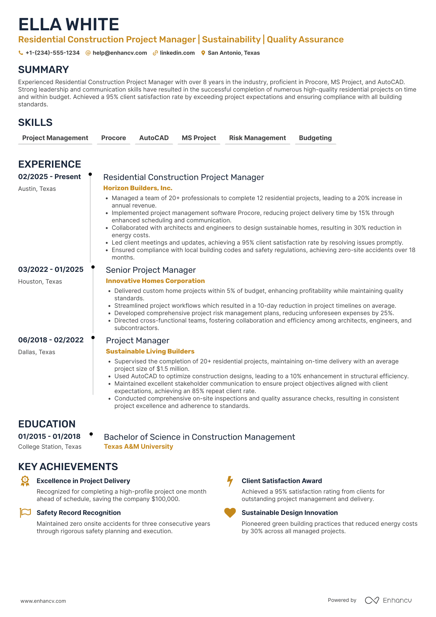 A resume example of a Residential Construction Project Manager