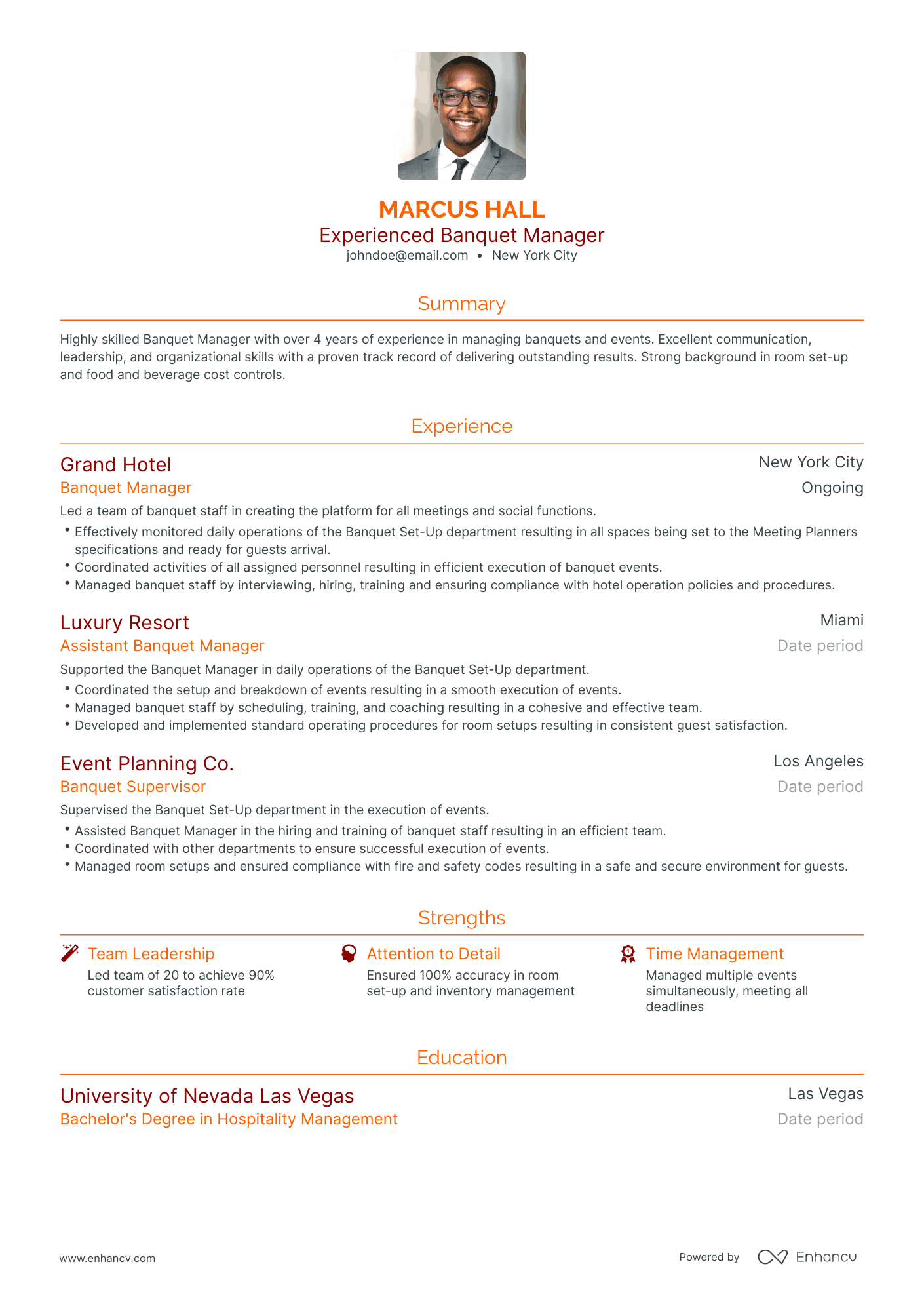 Traditional Banquet Manager Resume Template