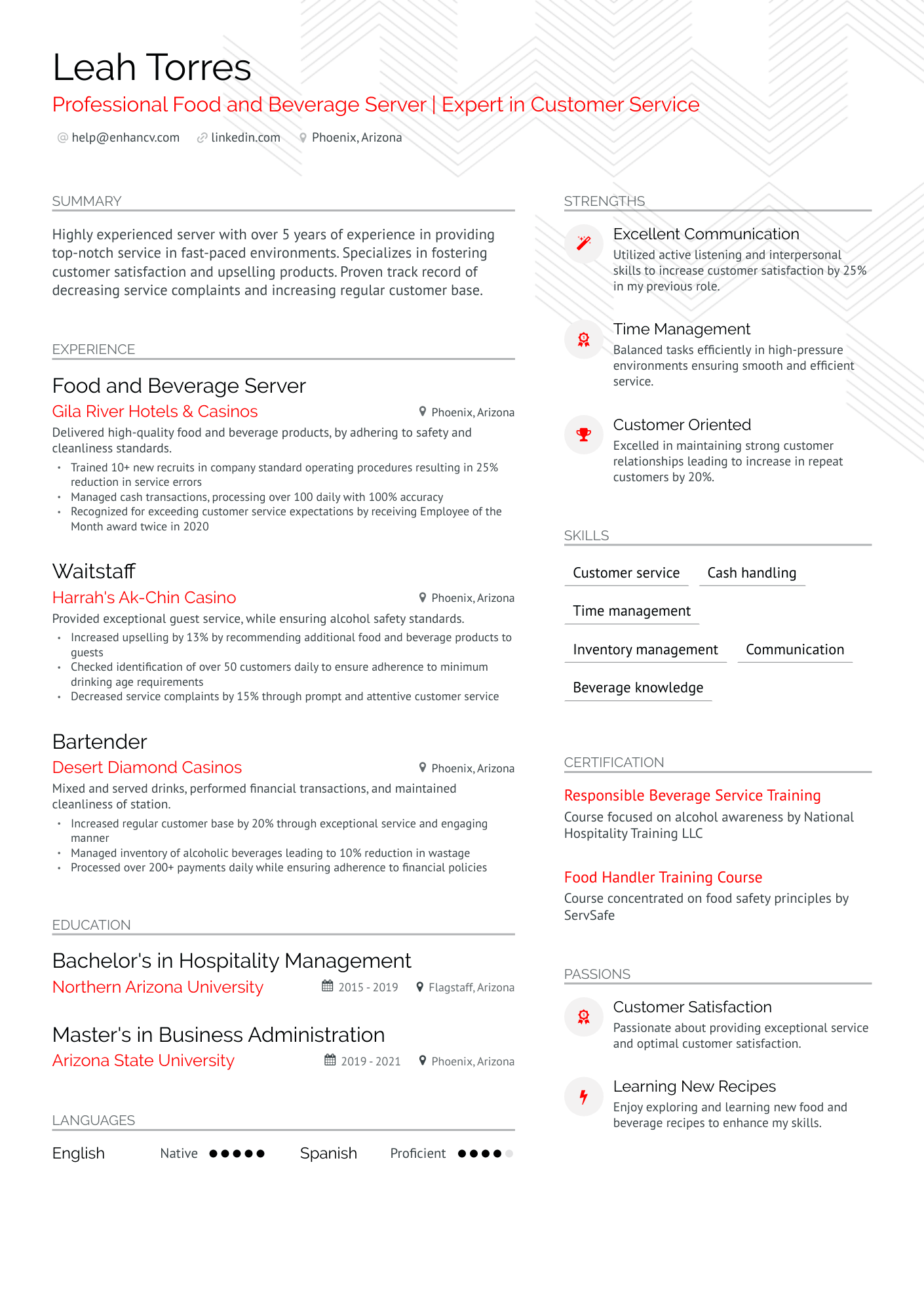 resume for customer service waitress