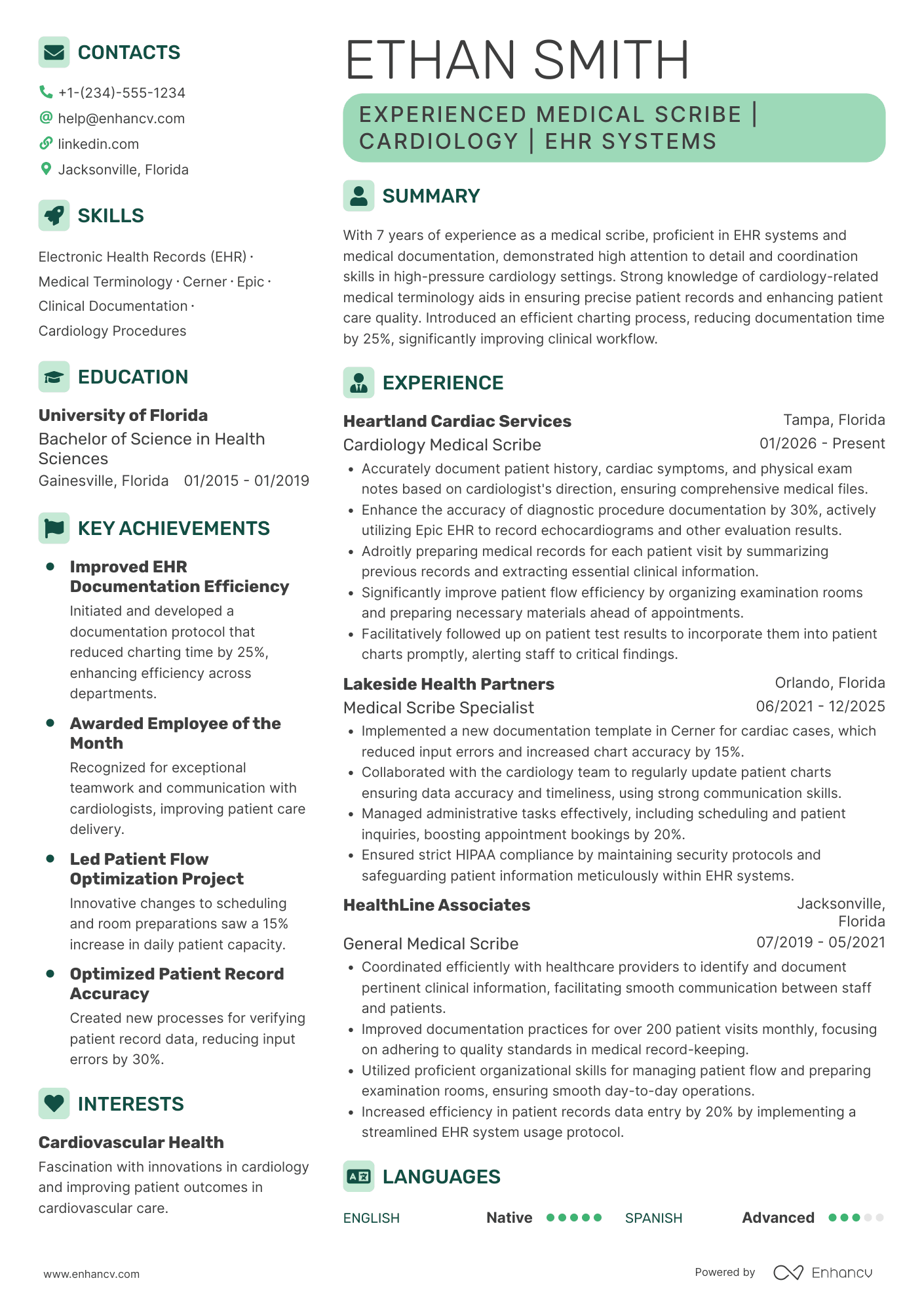A resume example of a Cardiology Medical Scribe