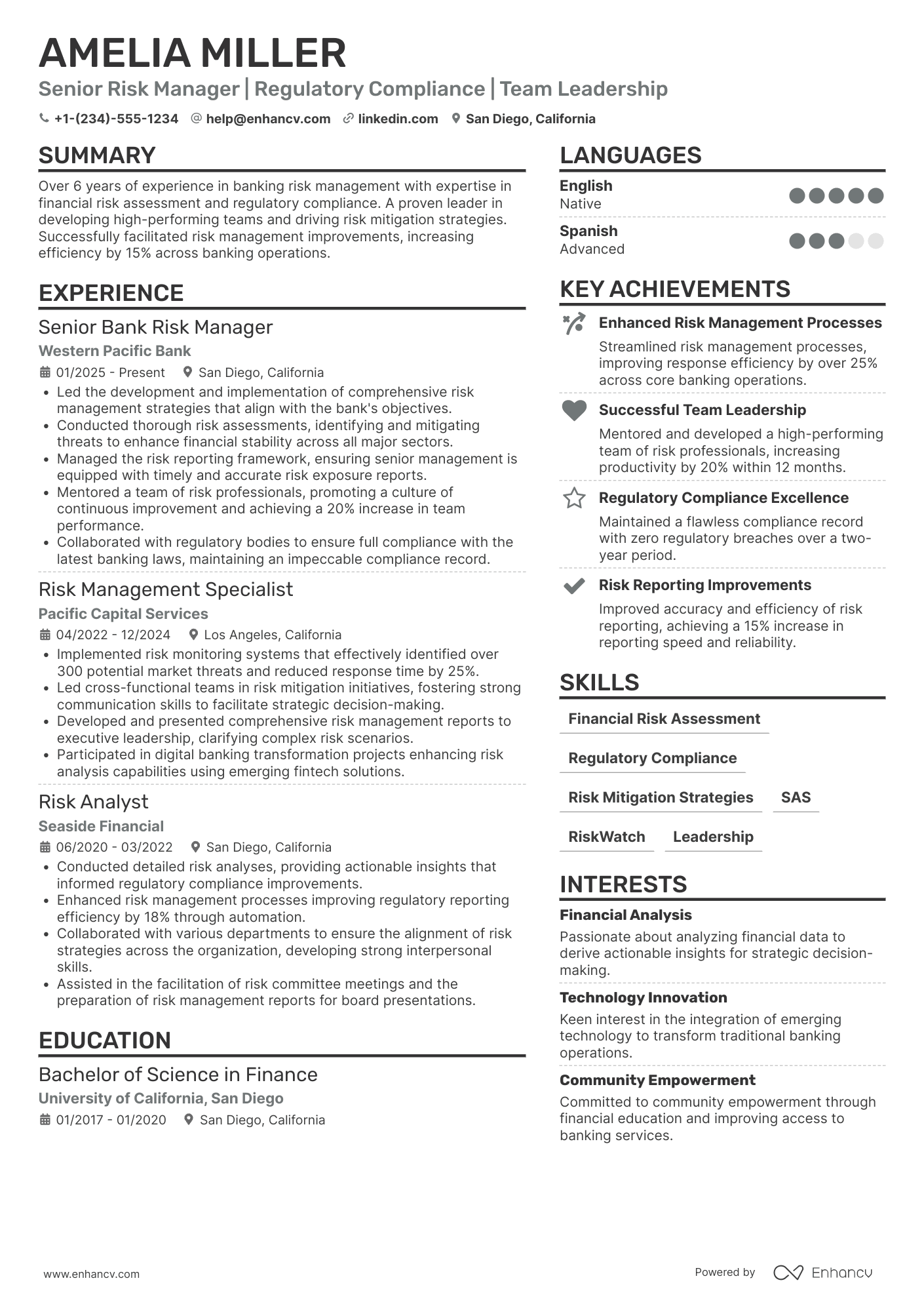 A resume example of a Senior Banking Risk Manager