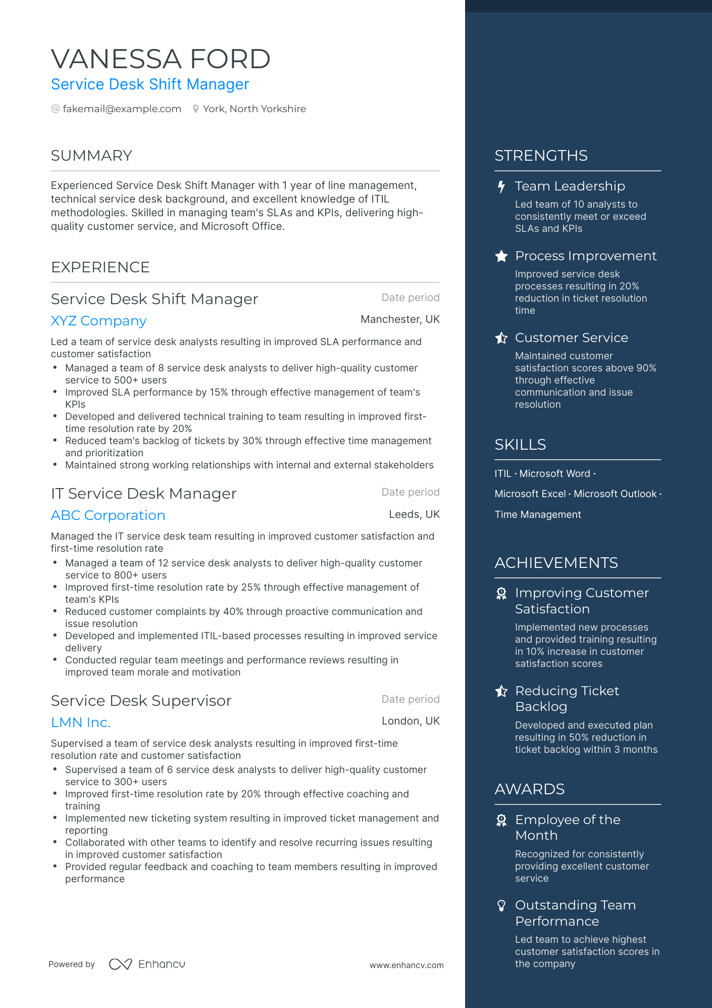 One Page Service Desk Manager Resume Template