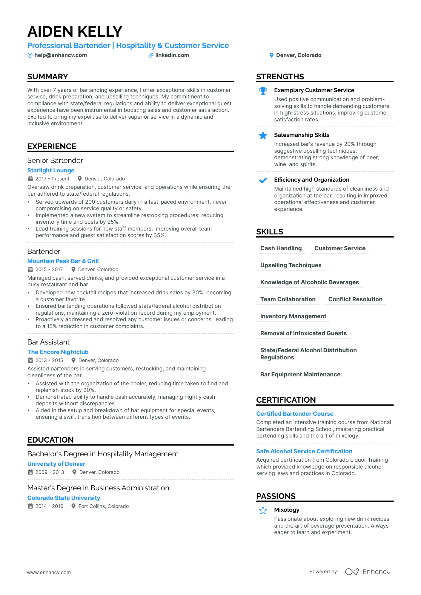 sample resume for bartender position with no experience