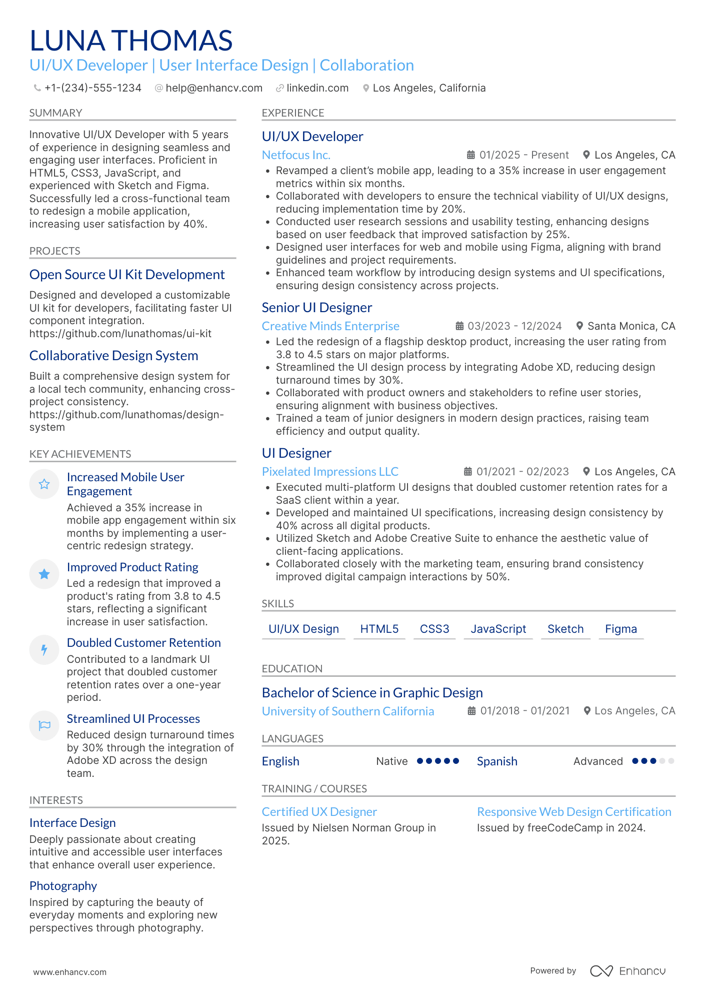 A resume example of a UI/UX Developer