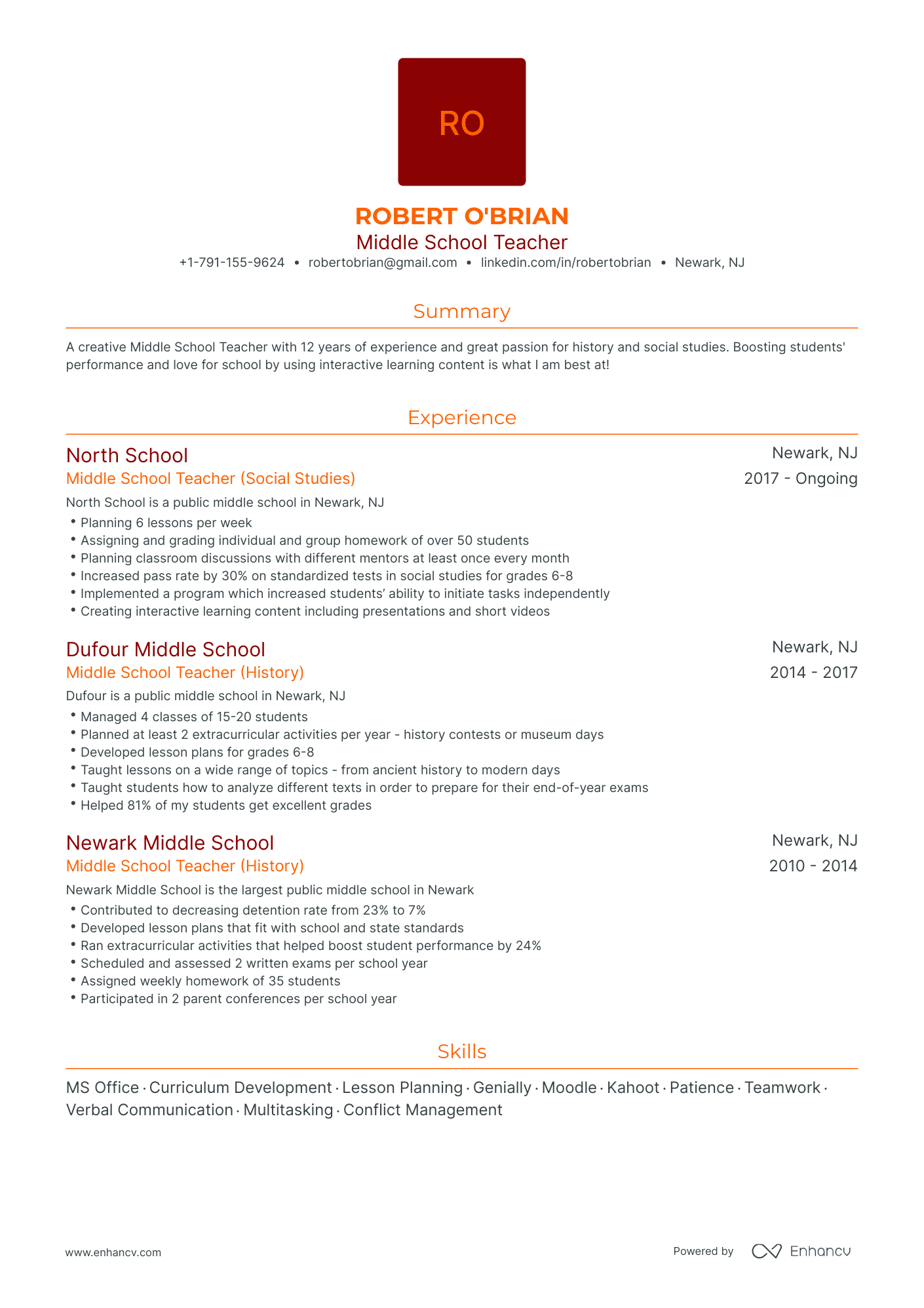 Traditional Middle School Teacher Resume Template
