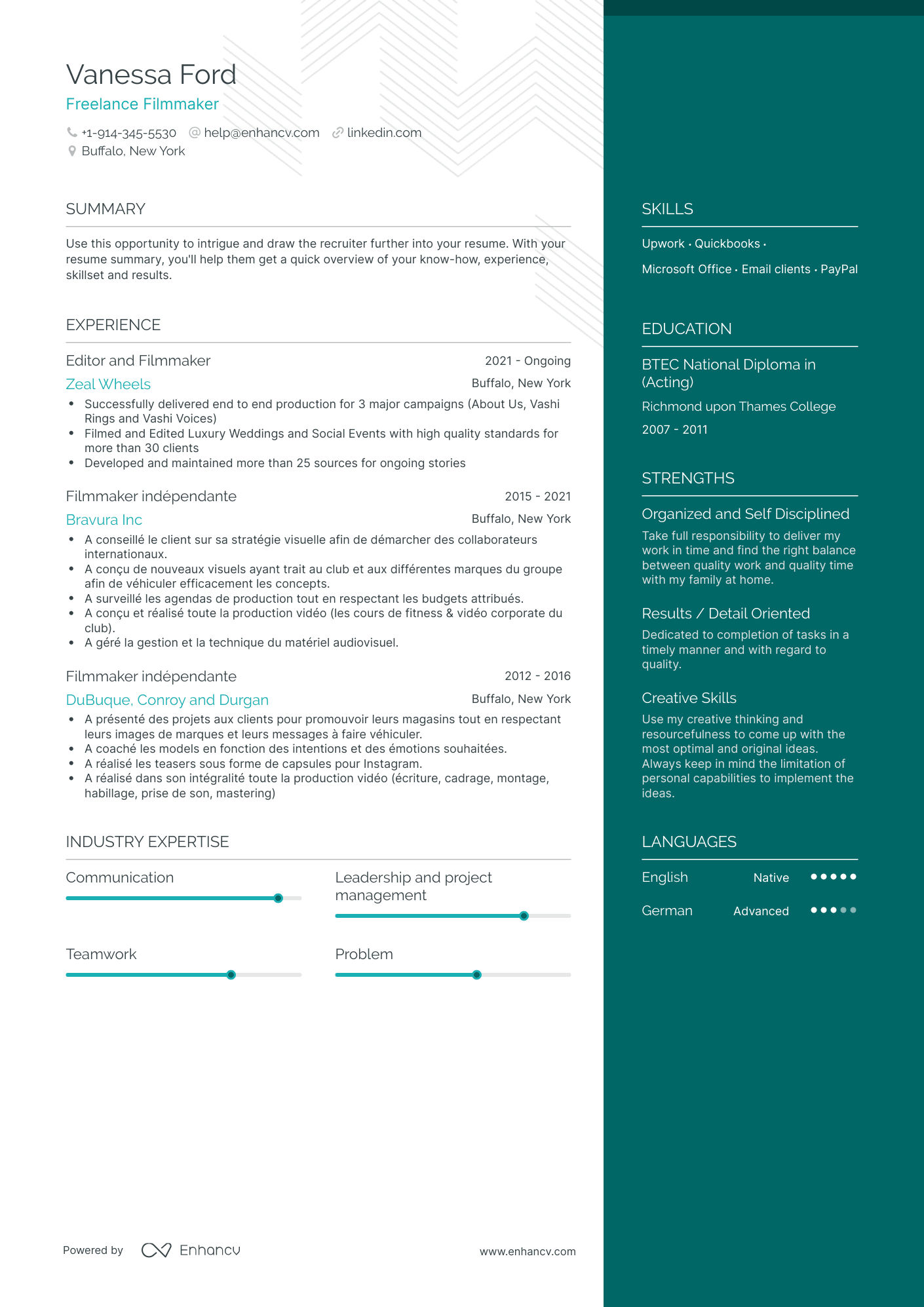 One Page Freelance Filmmaker Resume Template