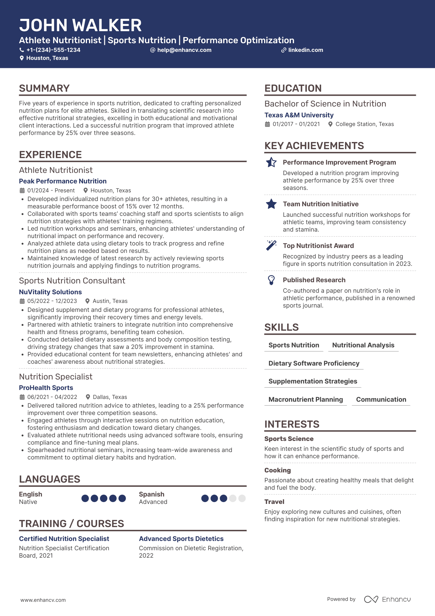 A resume example of a Athlete Nutritionist