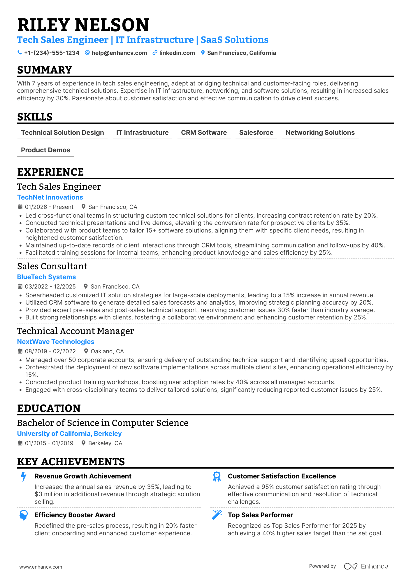 A resume example of a Tech Sales Engineer