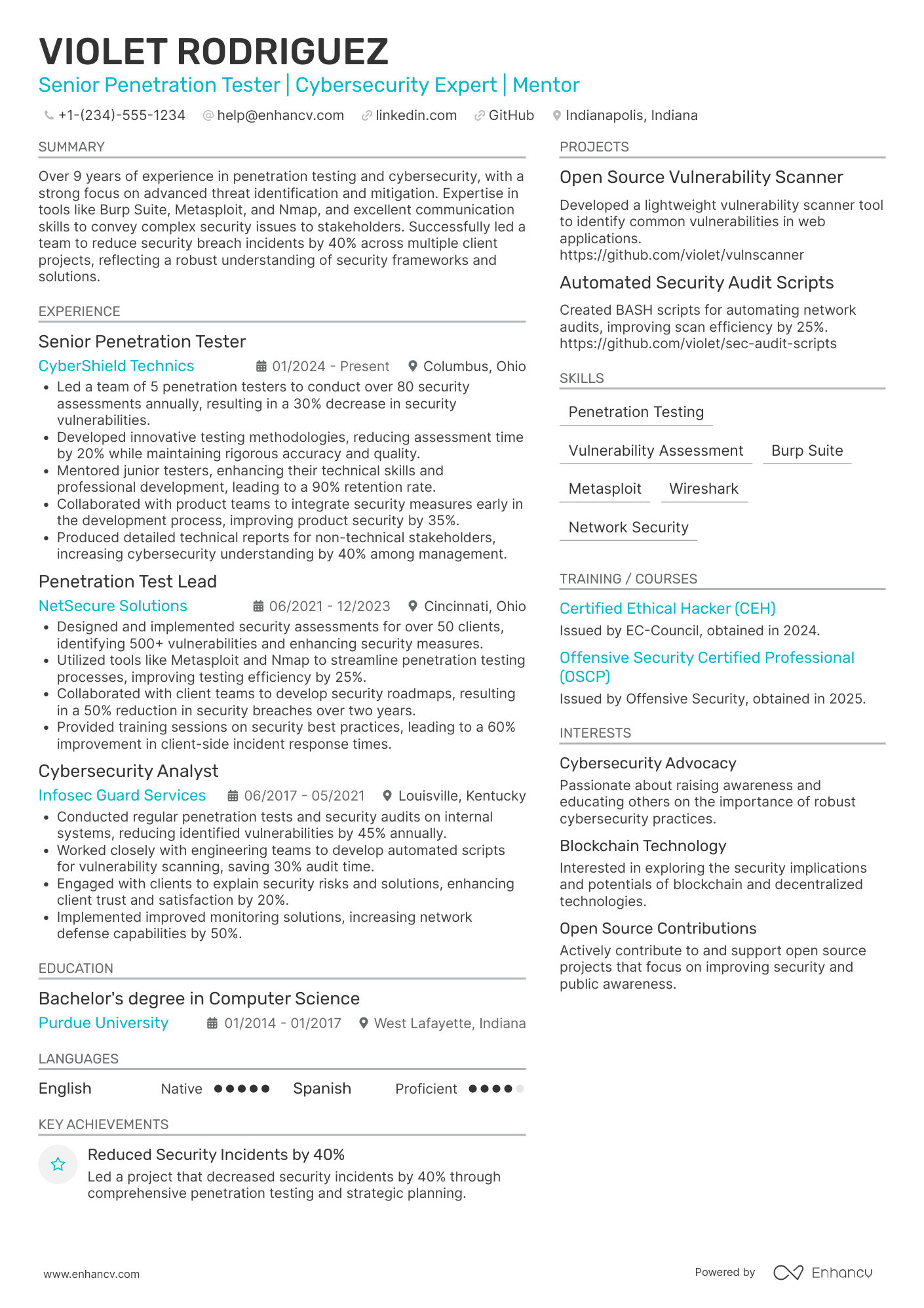 A resume example of a Senior Penetration Tester