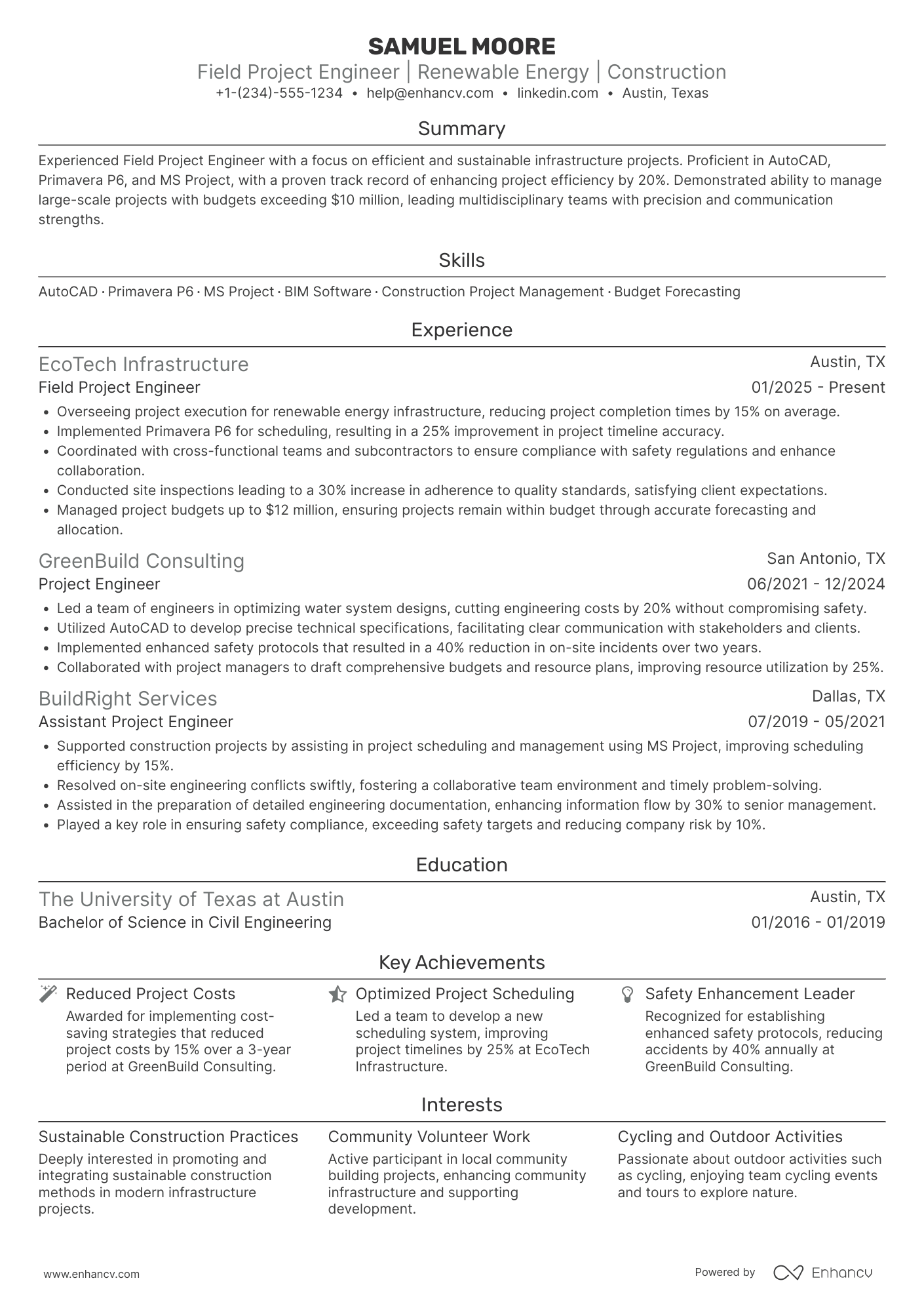 A resume example of a Field Project Engineer