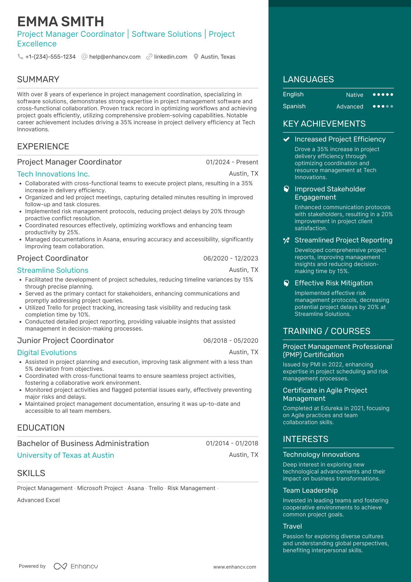A resume example of a Project Manager Coordinator
