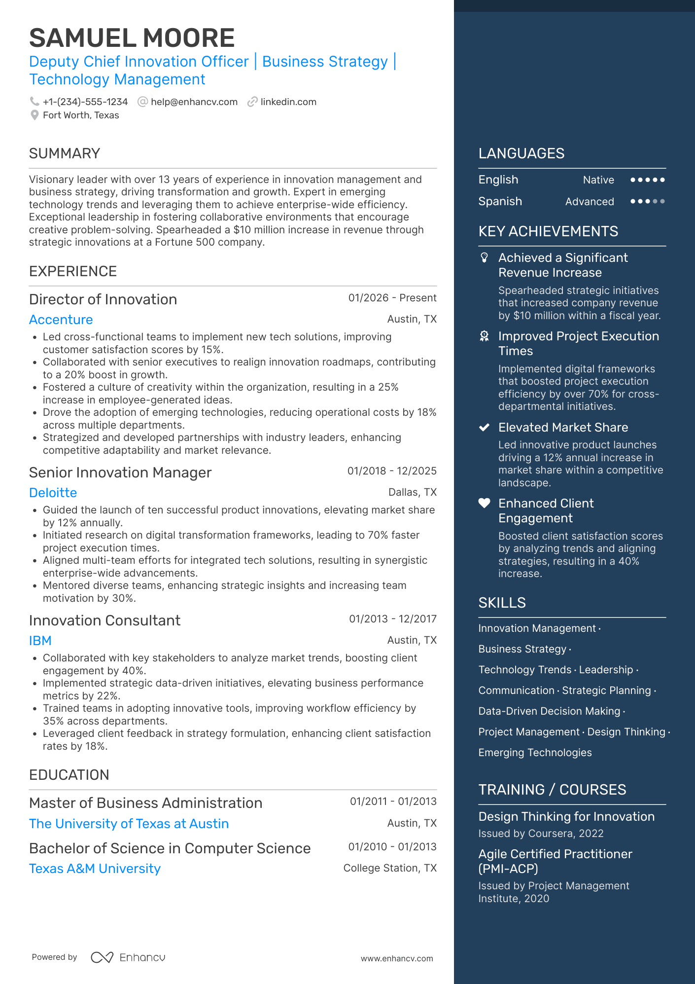 A resume example of a Deputy Chief Innovation Officer