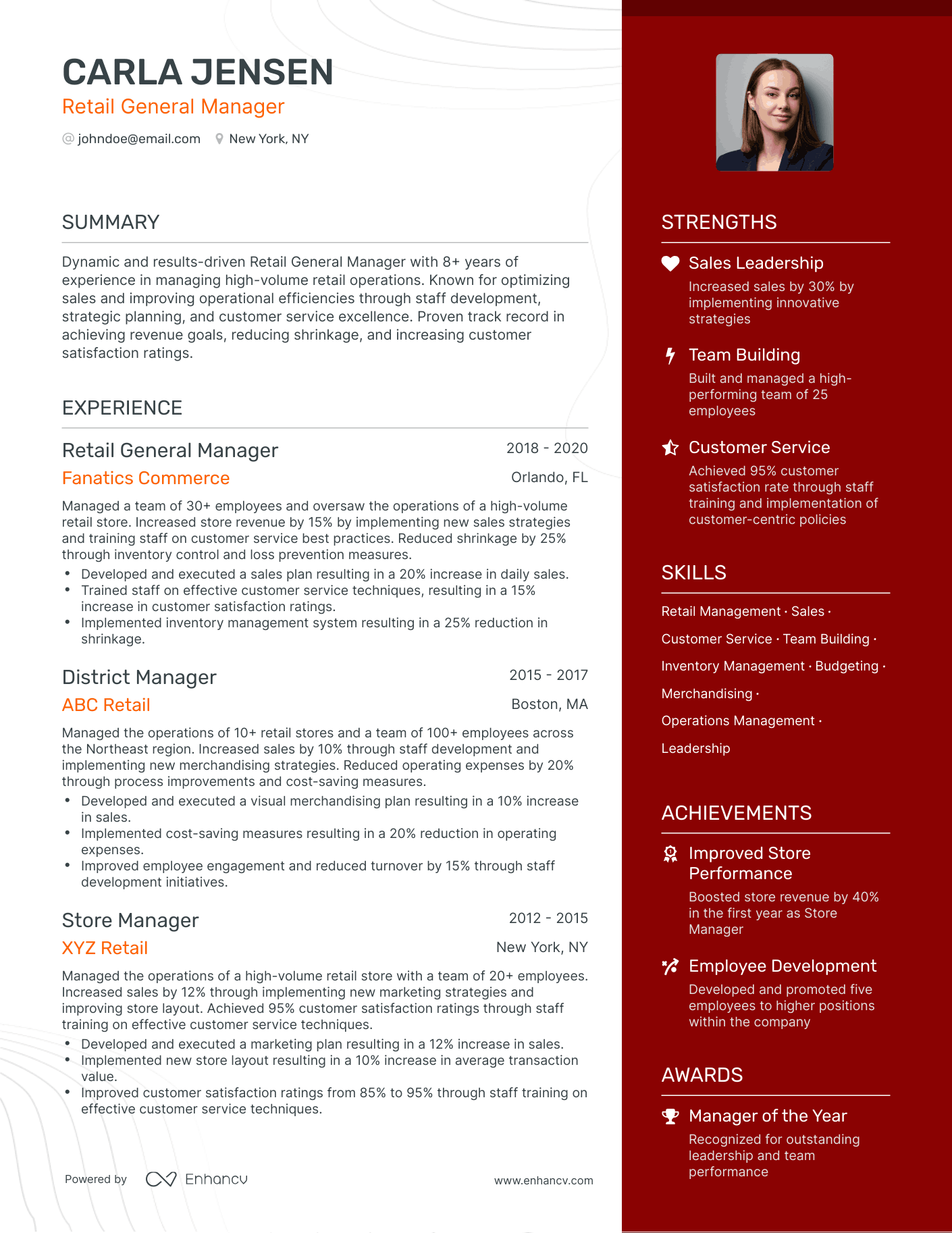 One Page Retail General Manager Resume Template